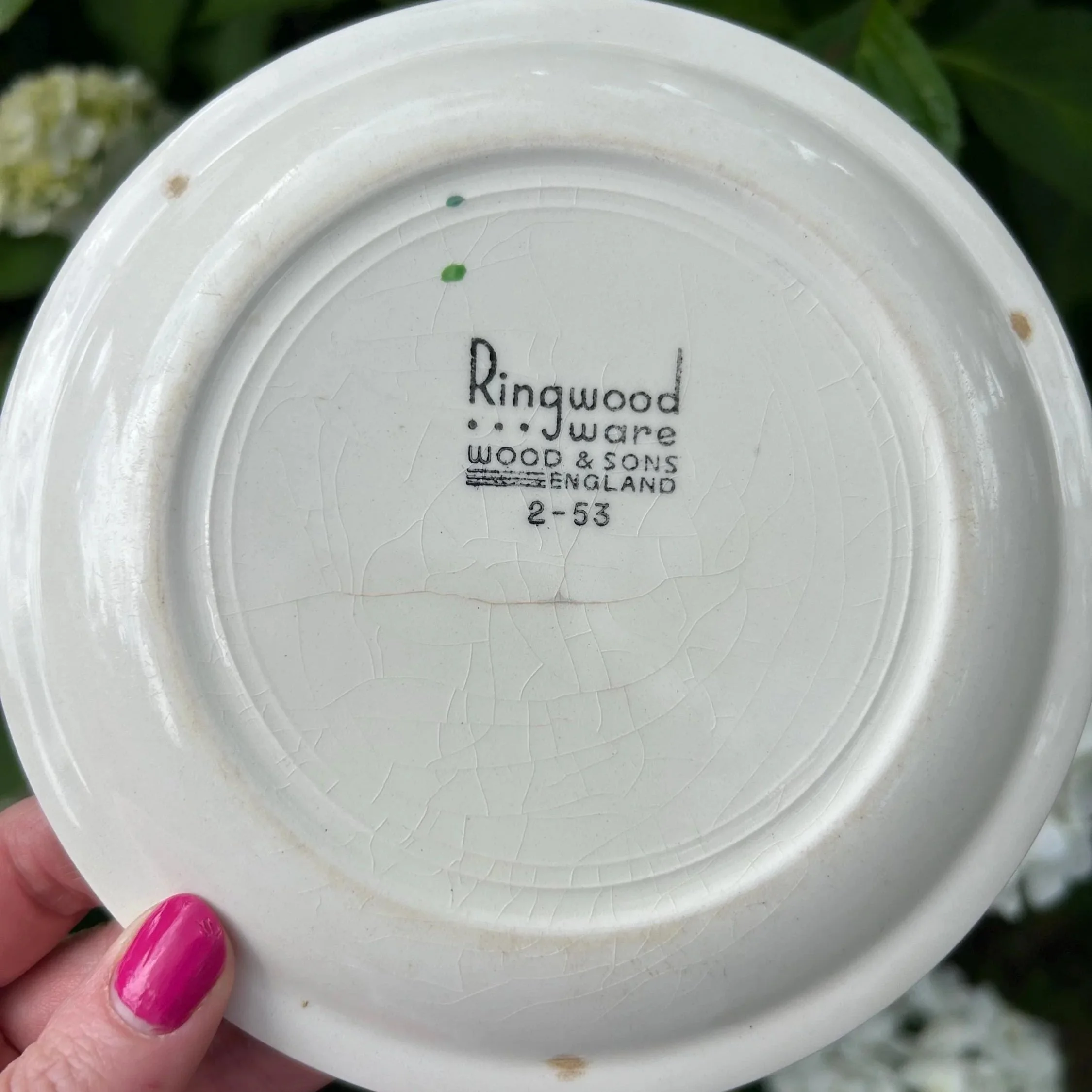 Back of the plate showing the Ringwood Ware Wood & Sons England backstamp and 2-53 date mark