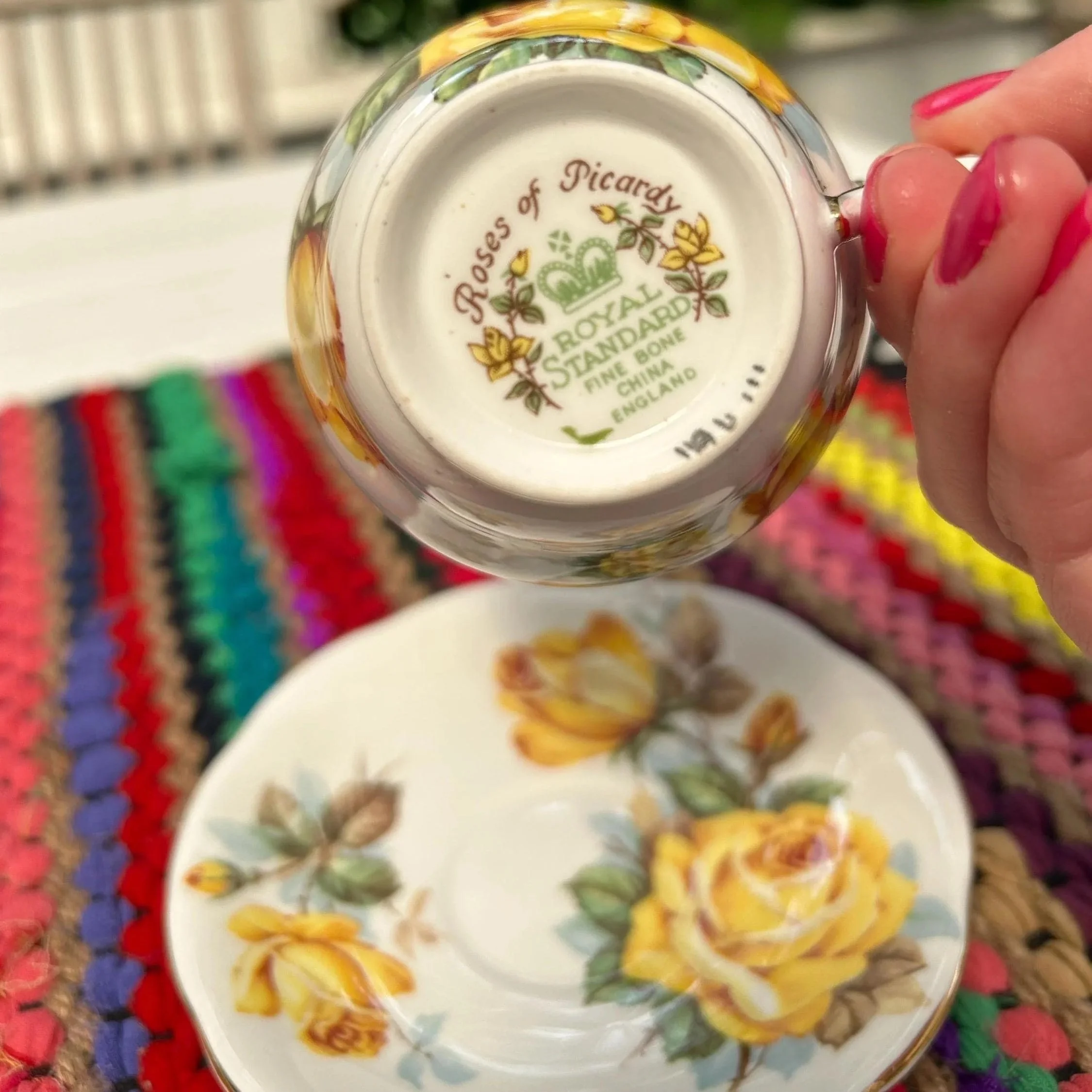 Underside of cup showing “Roses of Picardy – Royal Standard – Bone China – England” mark