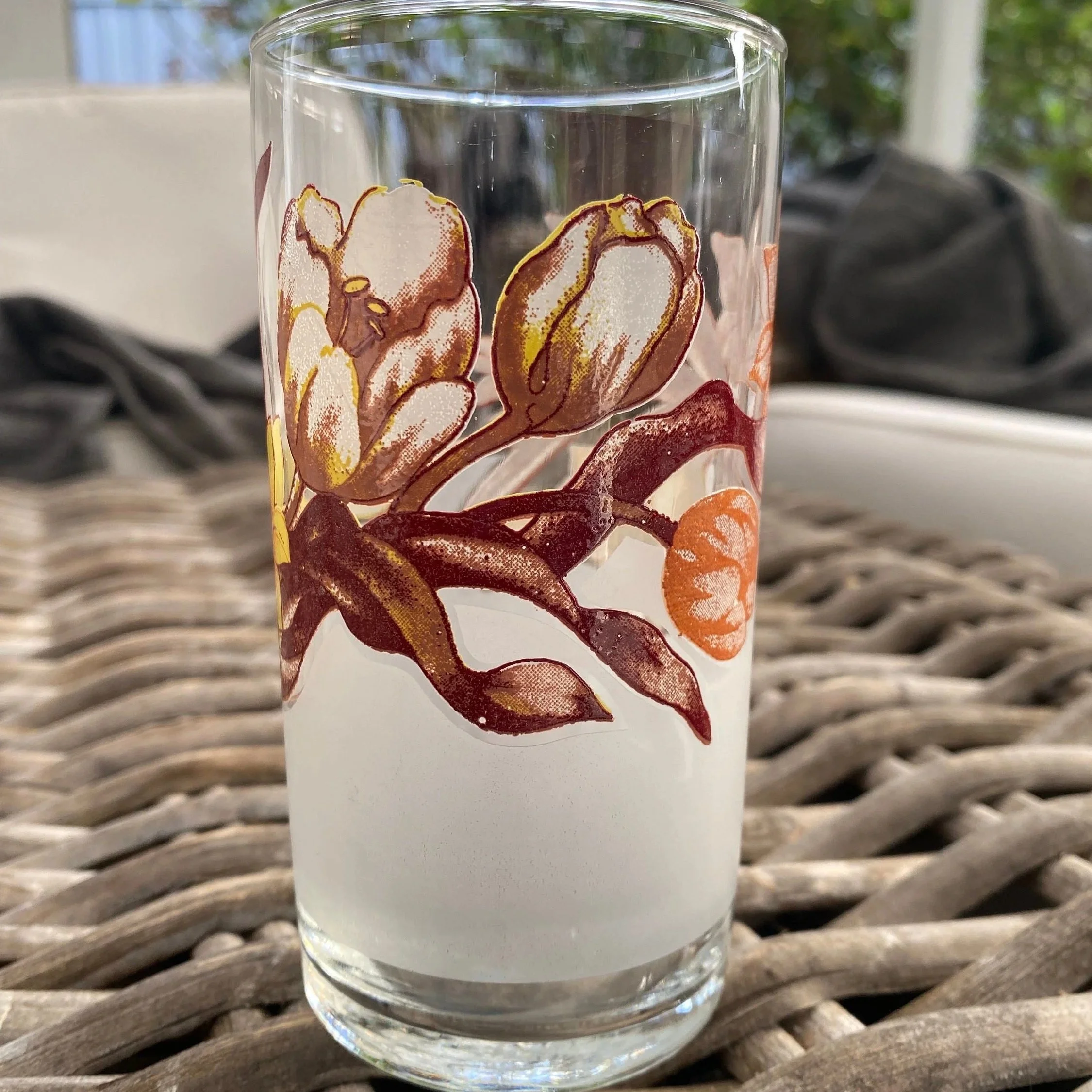 Mid-view of orange chrysanthemum-style flower on frosted glass