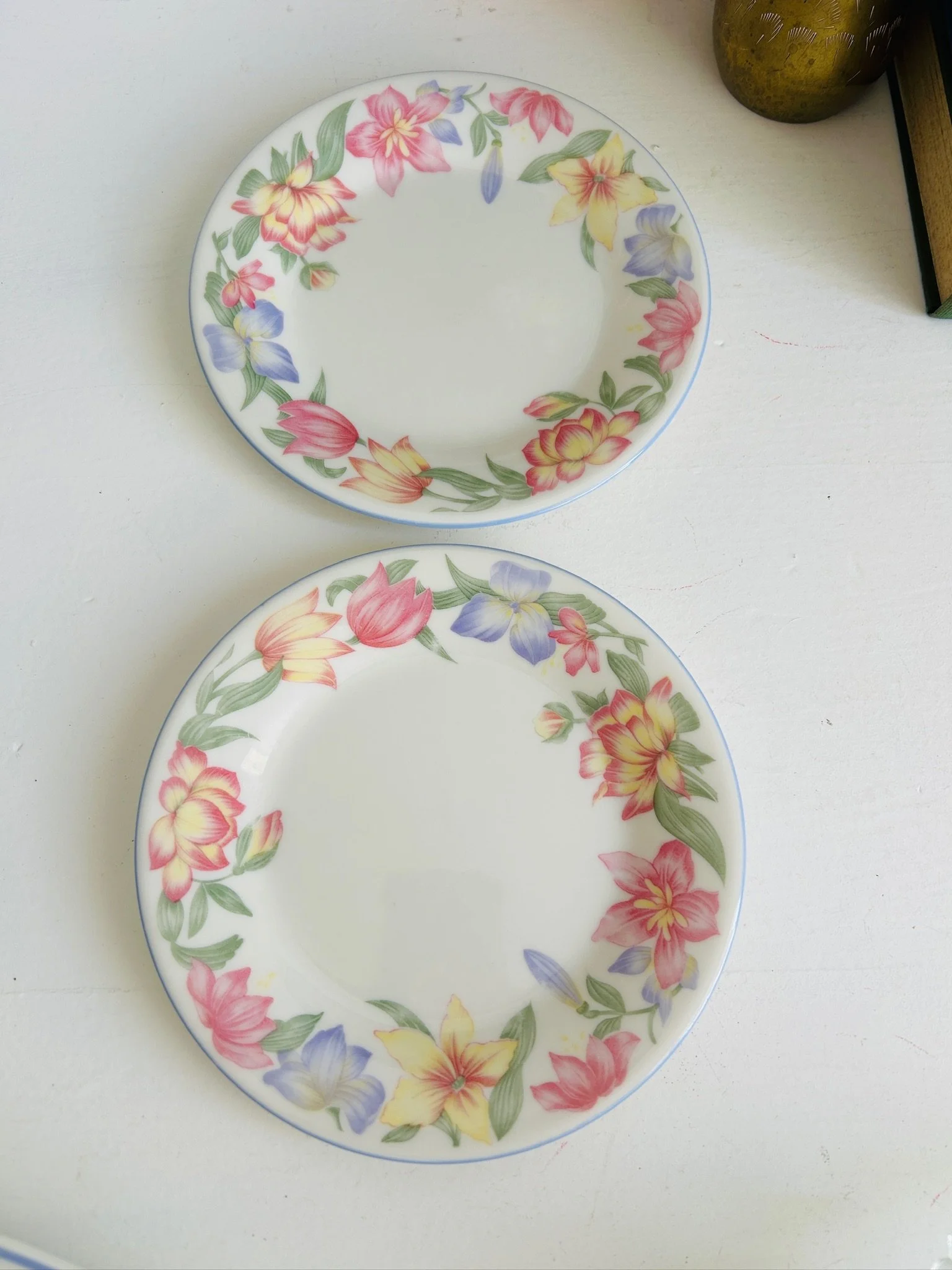Overhead view of the set of two side plates, showing both floral patterns and plate size from above