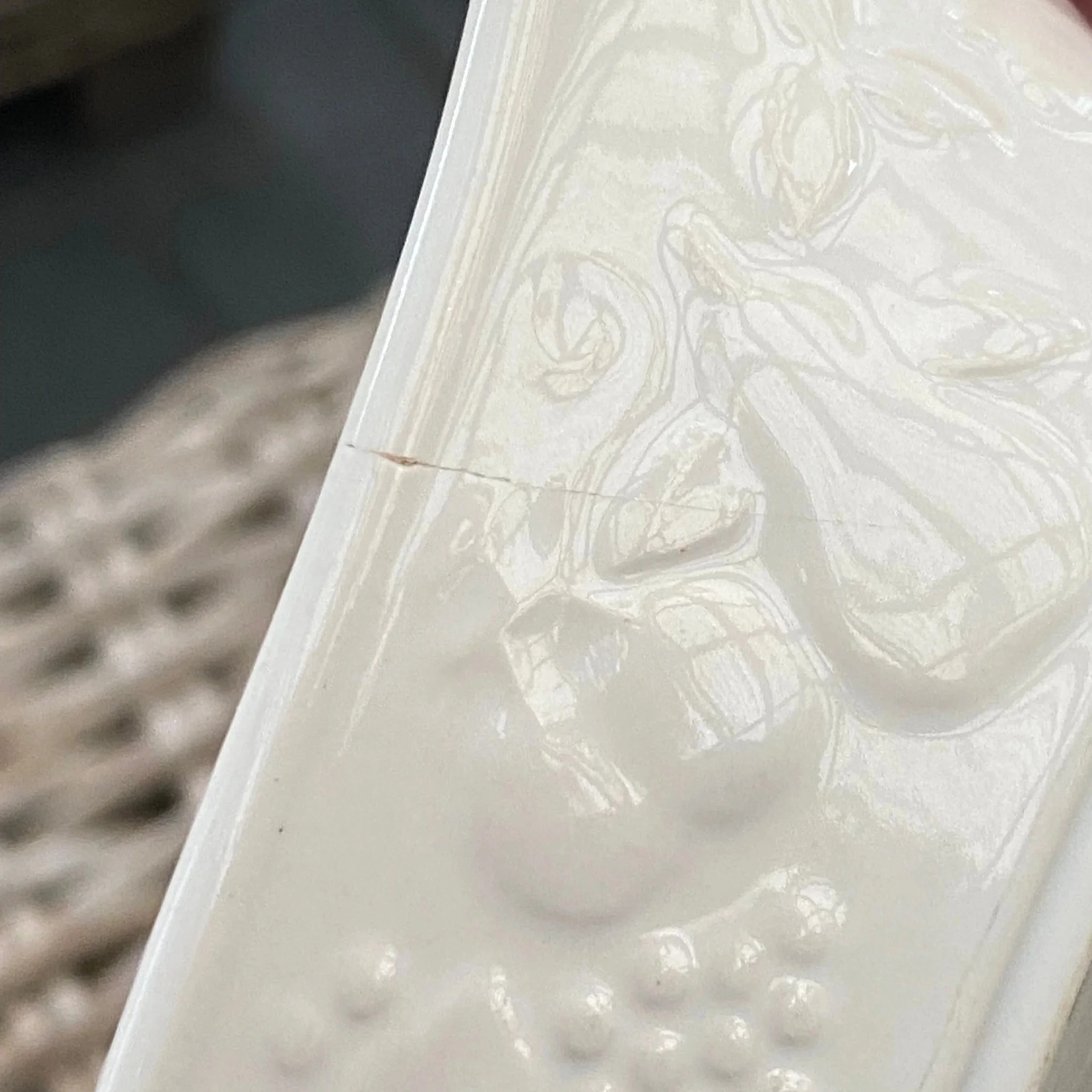 Detail of embossed fruit pattern with visible fine crack on gratin dish