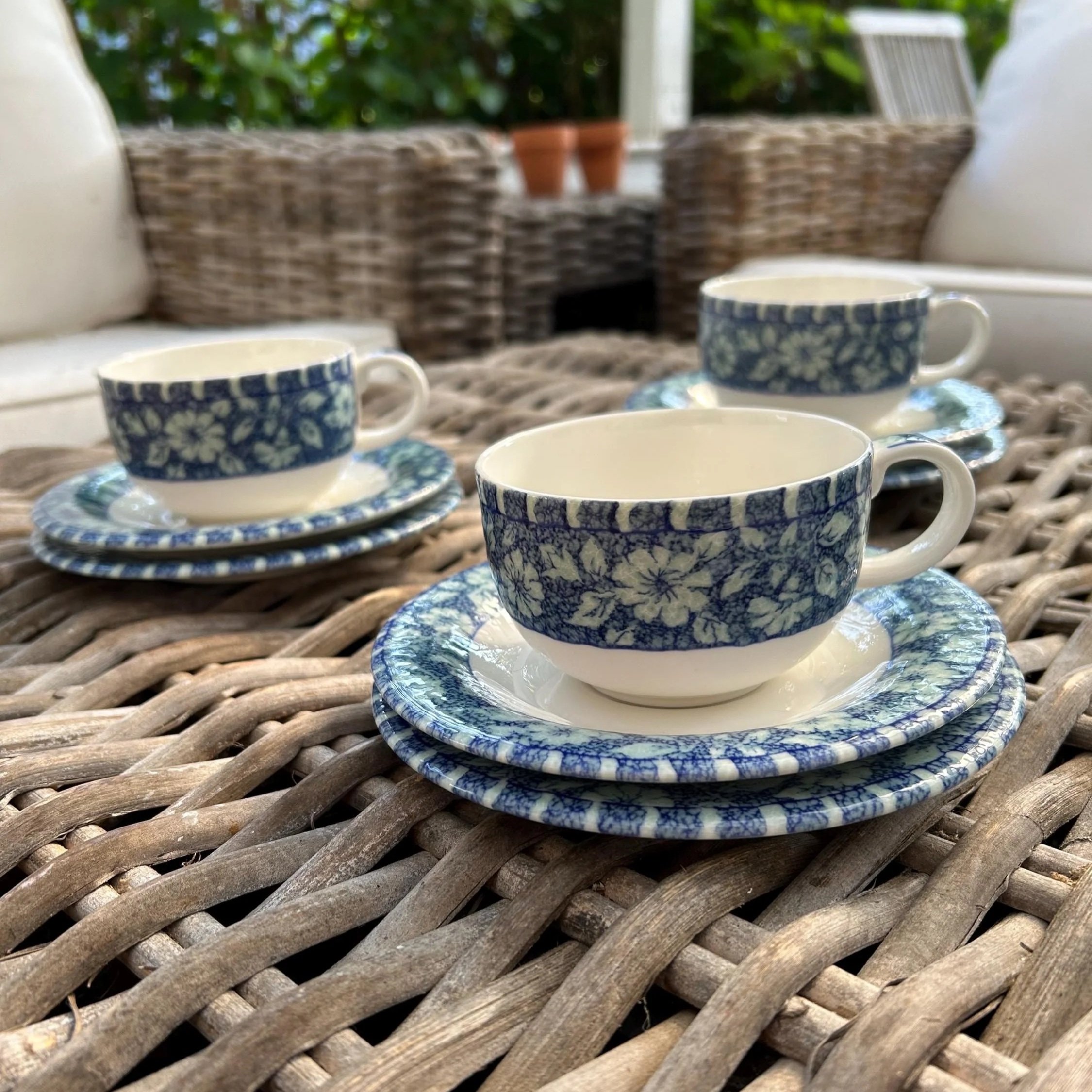 Full view of Marks & Spencer Glendale porcelain trios on wicker table