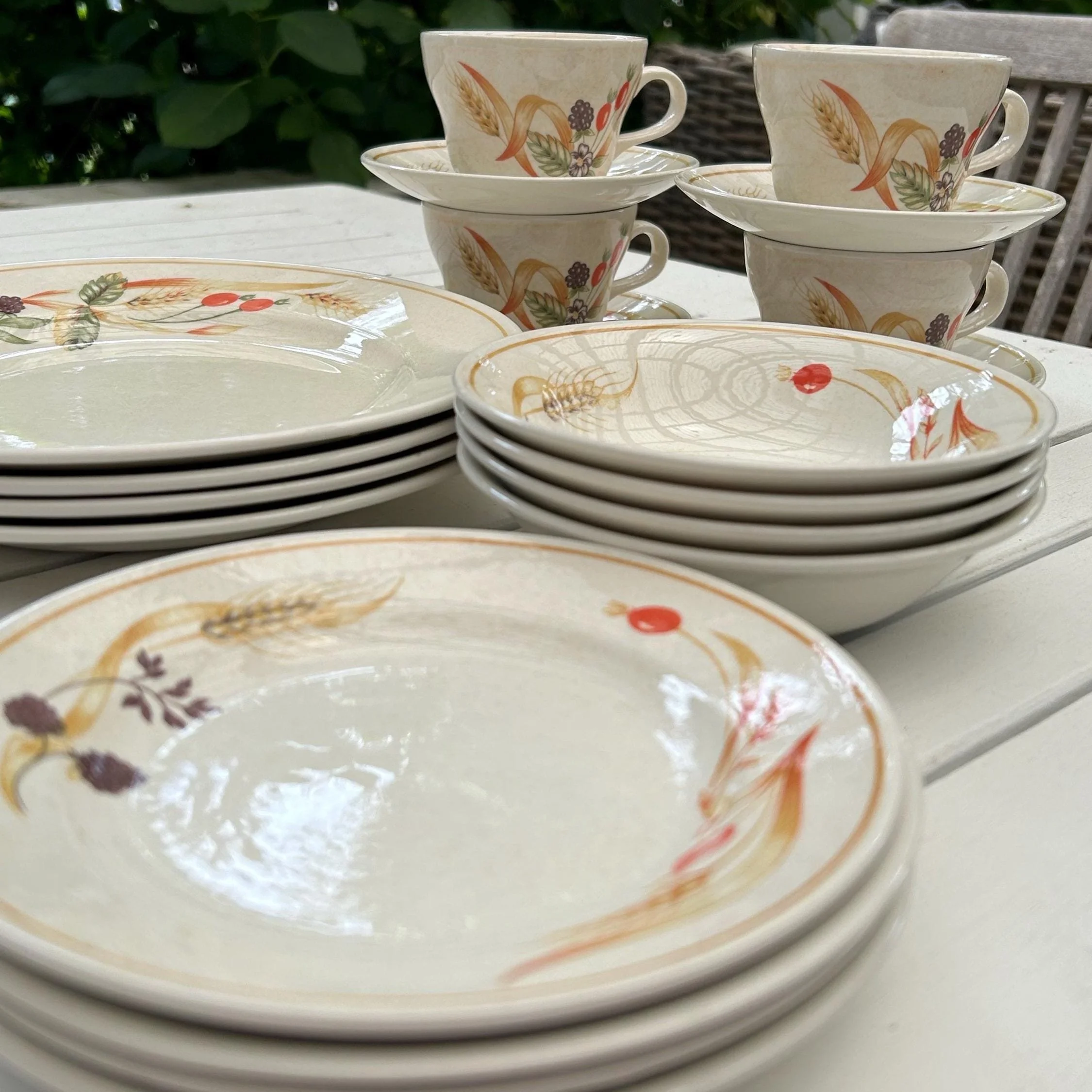 Full Churchill Bramble Fayre 20-piece dinnerware set with stacked plates, bowls, and teacups on white table