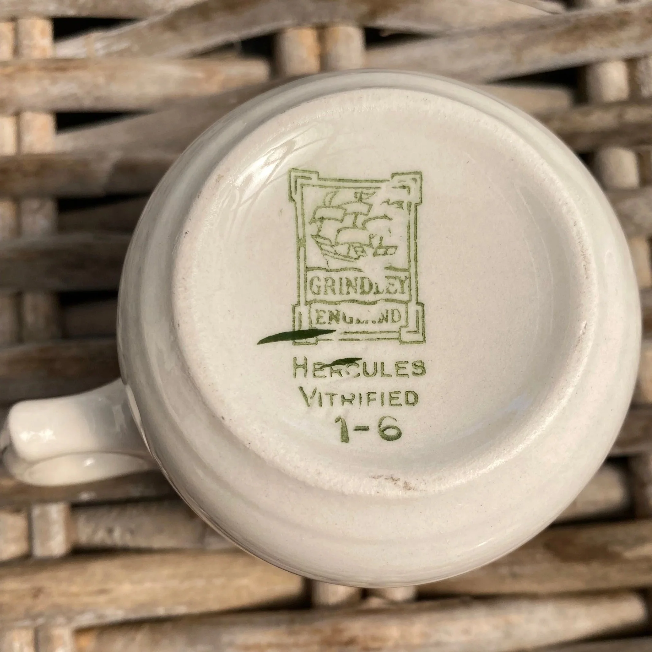 Base of cup showing Hercules Vitrified Grindley England stamp