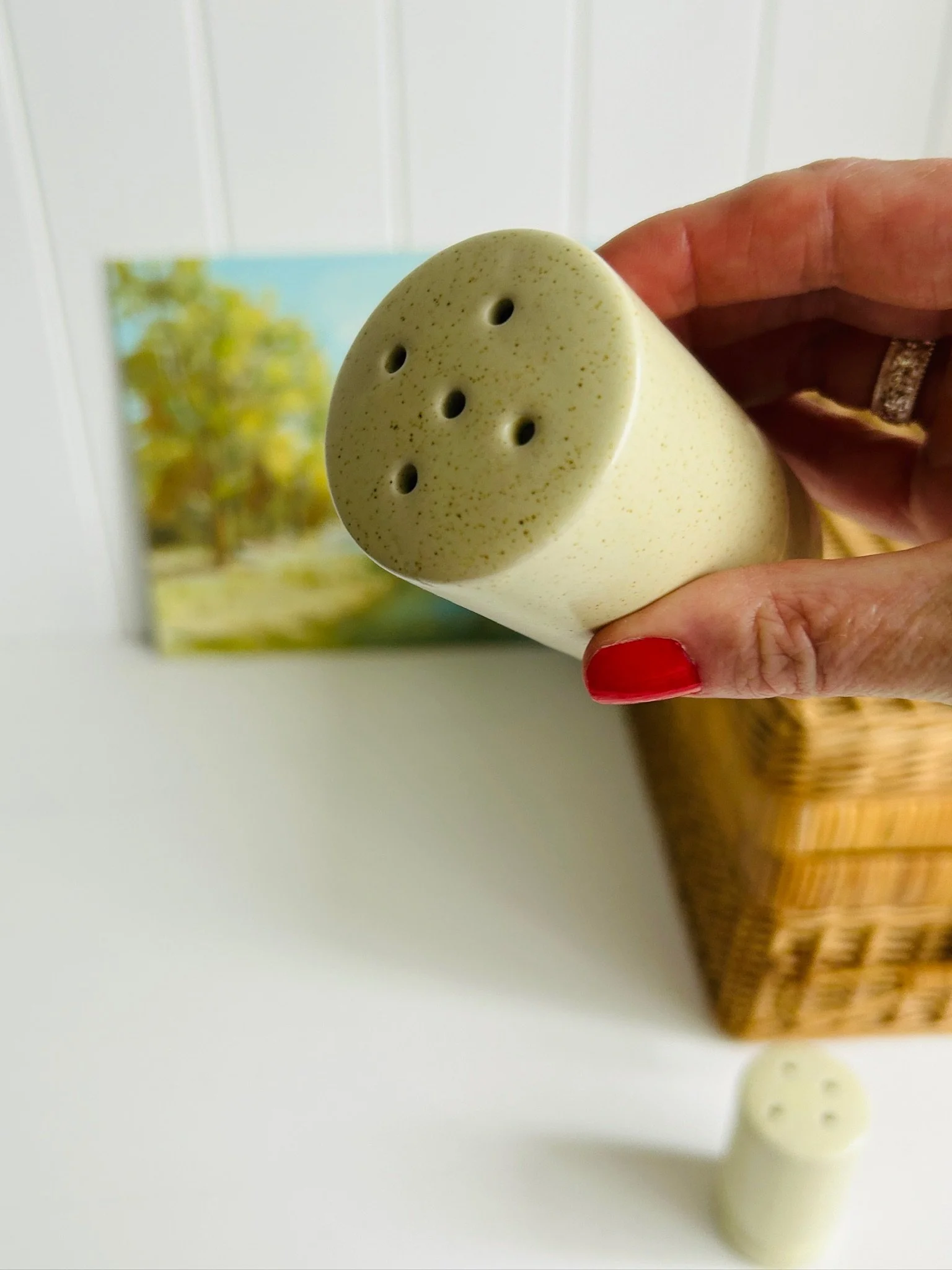 Close-up of one shaker held horizontally, showing the five-hole top and cream speckled ceramic finish