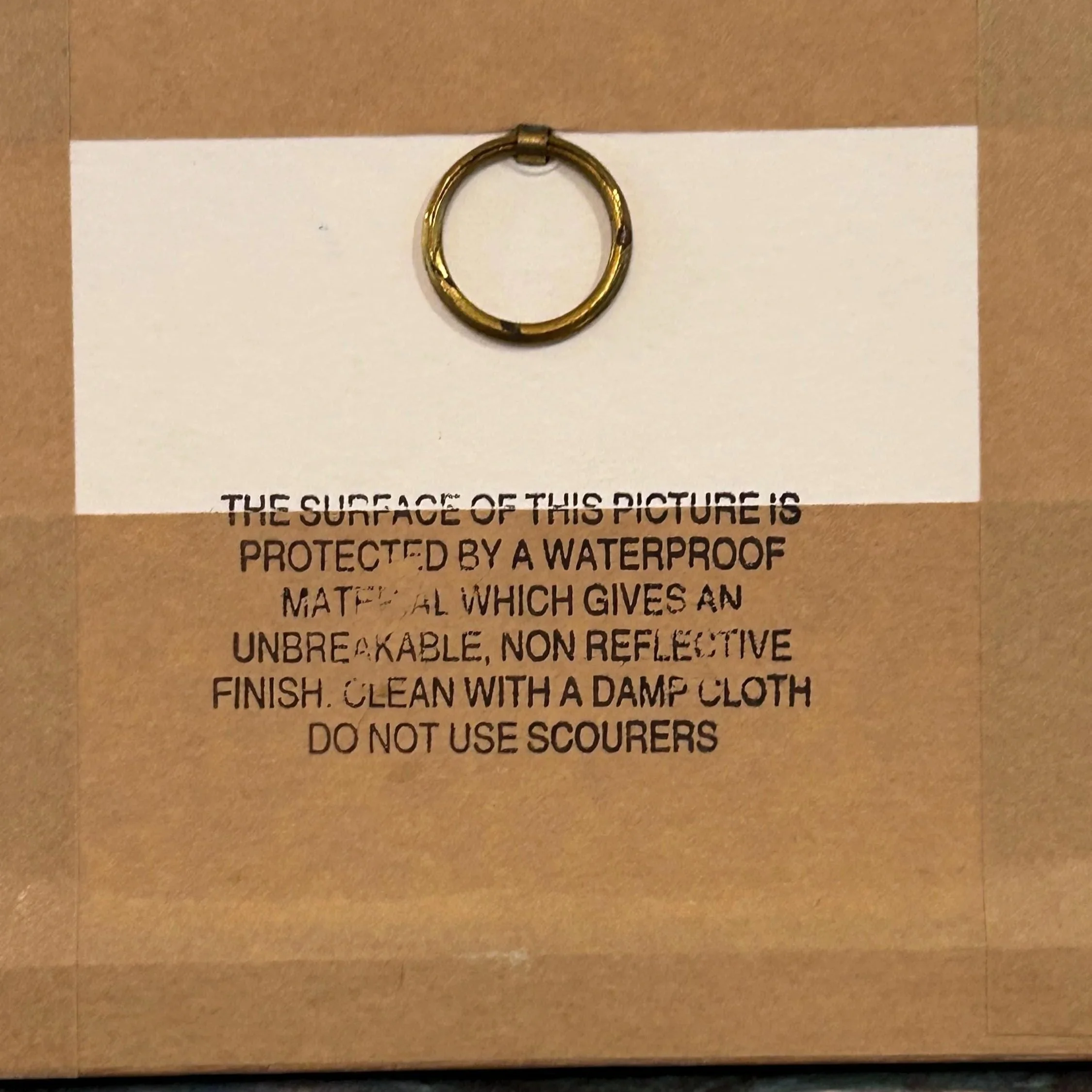 Back of frame showing hanging ring and protective matting note