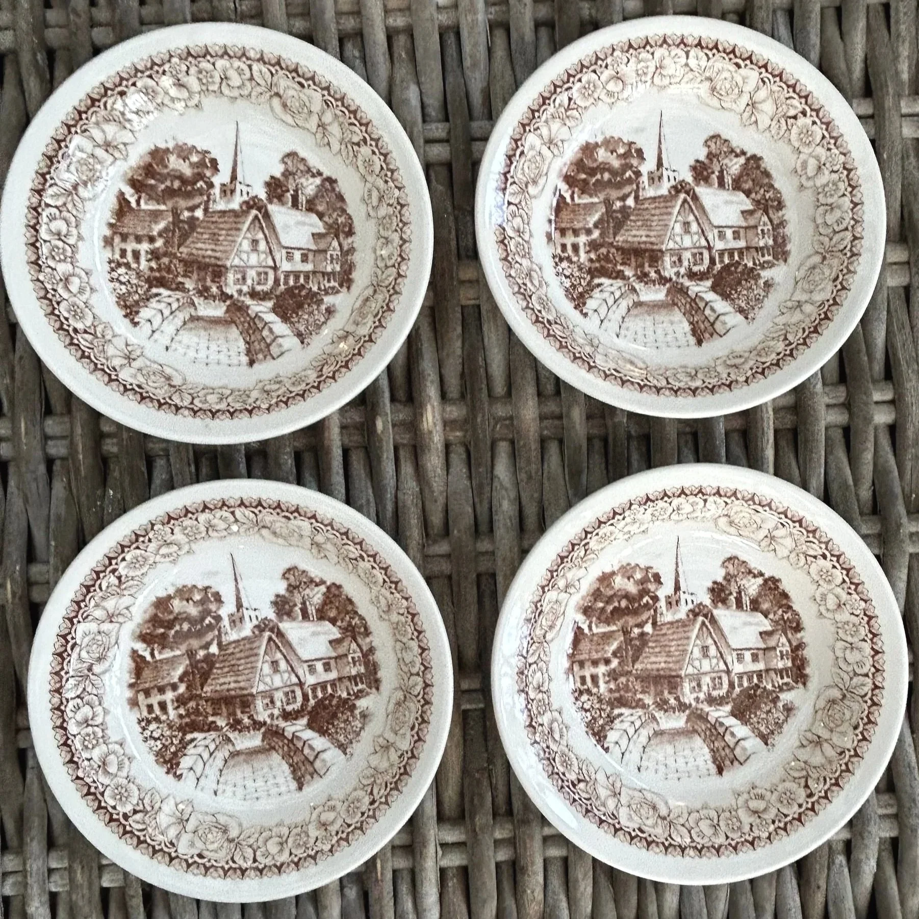 Vintage Crown Lynn bowls with brown transferware cottage scene. Set of 4 ironstone bowls made in New Zealand. No chips or cracks.
