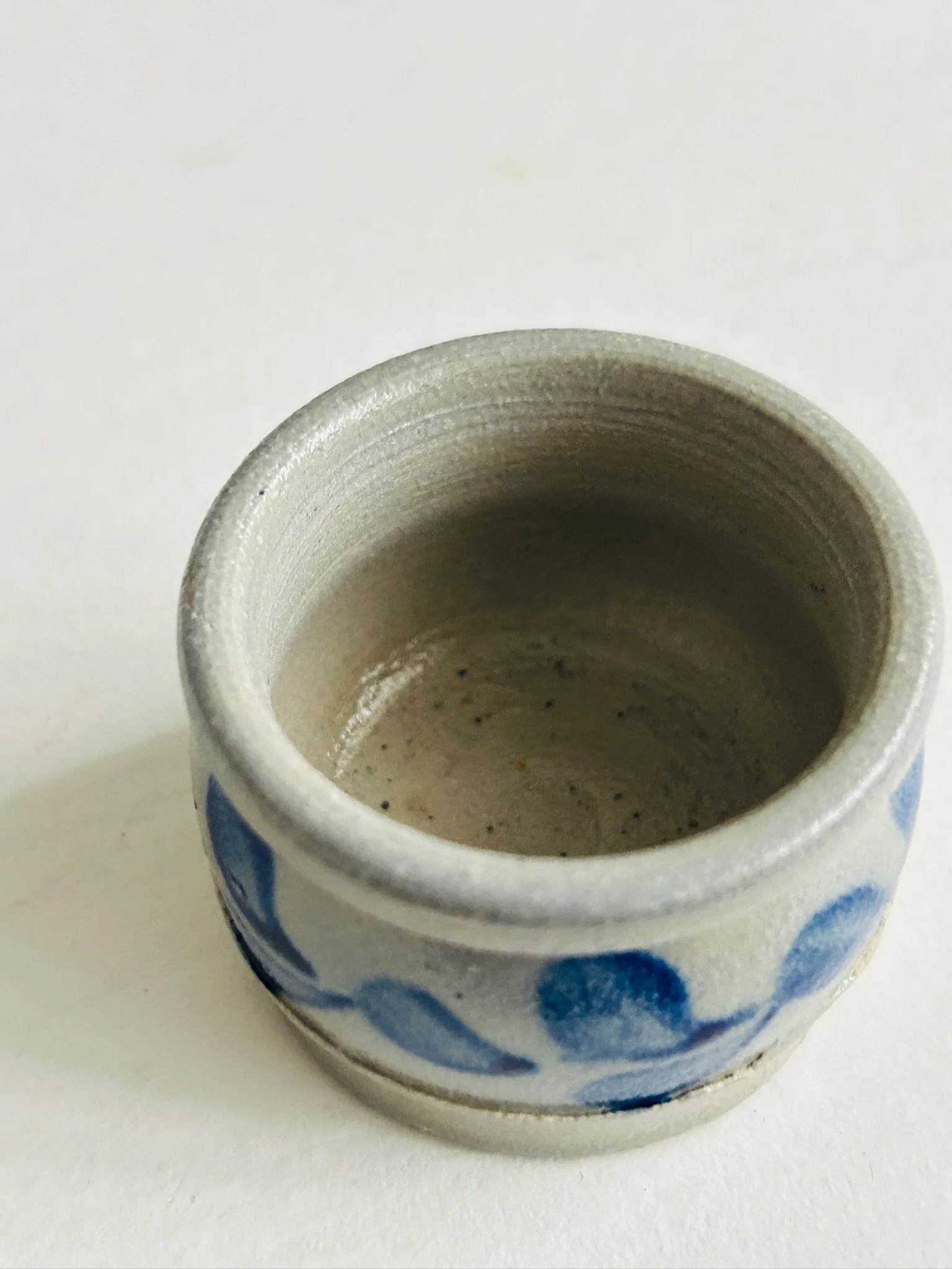 Top-down view into the salt cellar showing the rounded interior, rolled rim, and blue leaf pattern around the outer wall