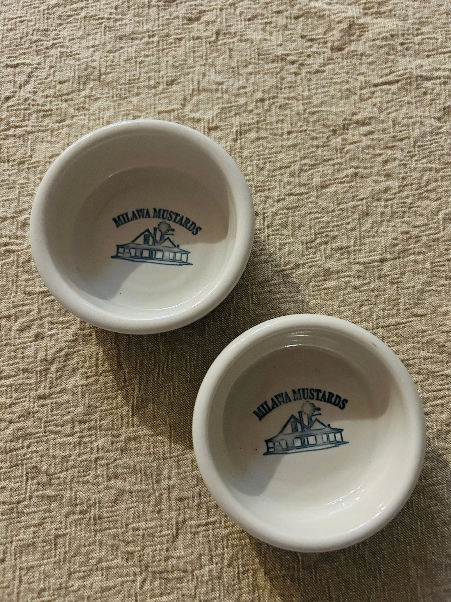 Milawa Mustards Ceramic Bowls – Vintage Australian Stoneware Dipping Dishes, Pair with Blue Factory Logo