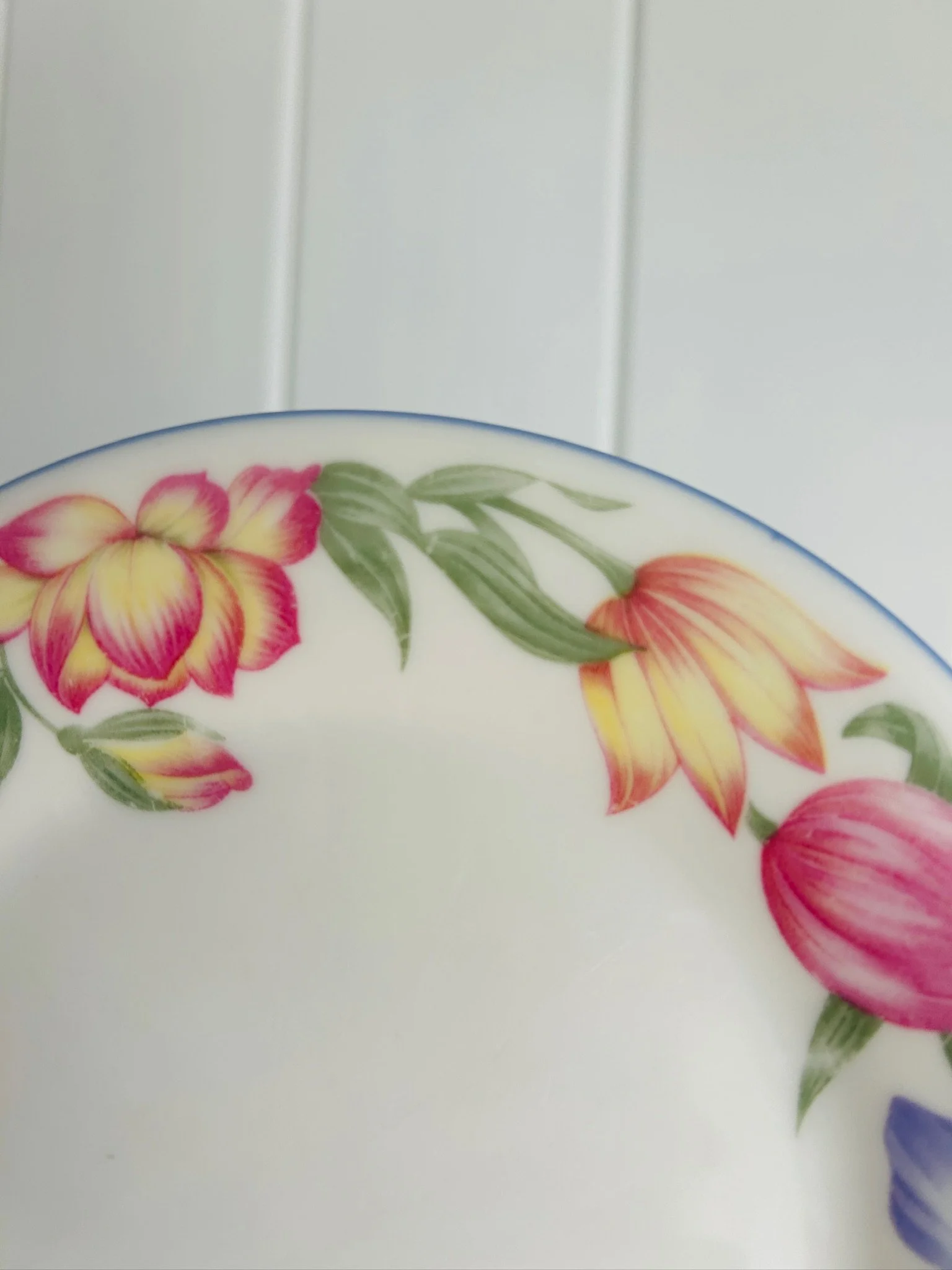 Close-up of the rim and floral motif, highlighting the pastel flower pattern and soft blue edge