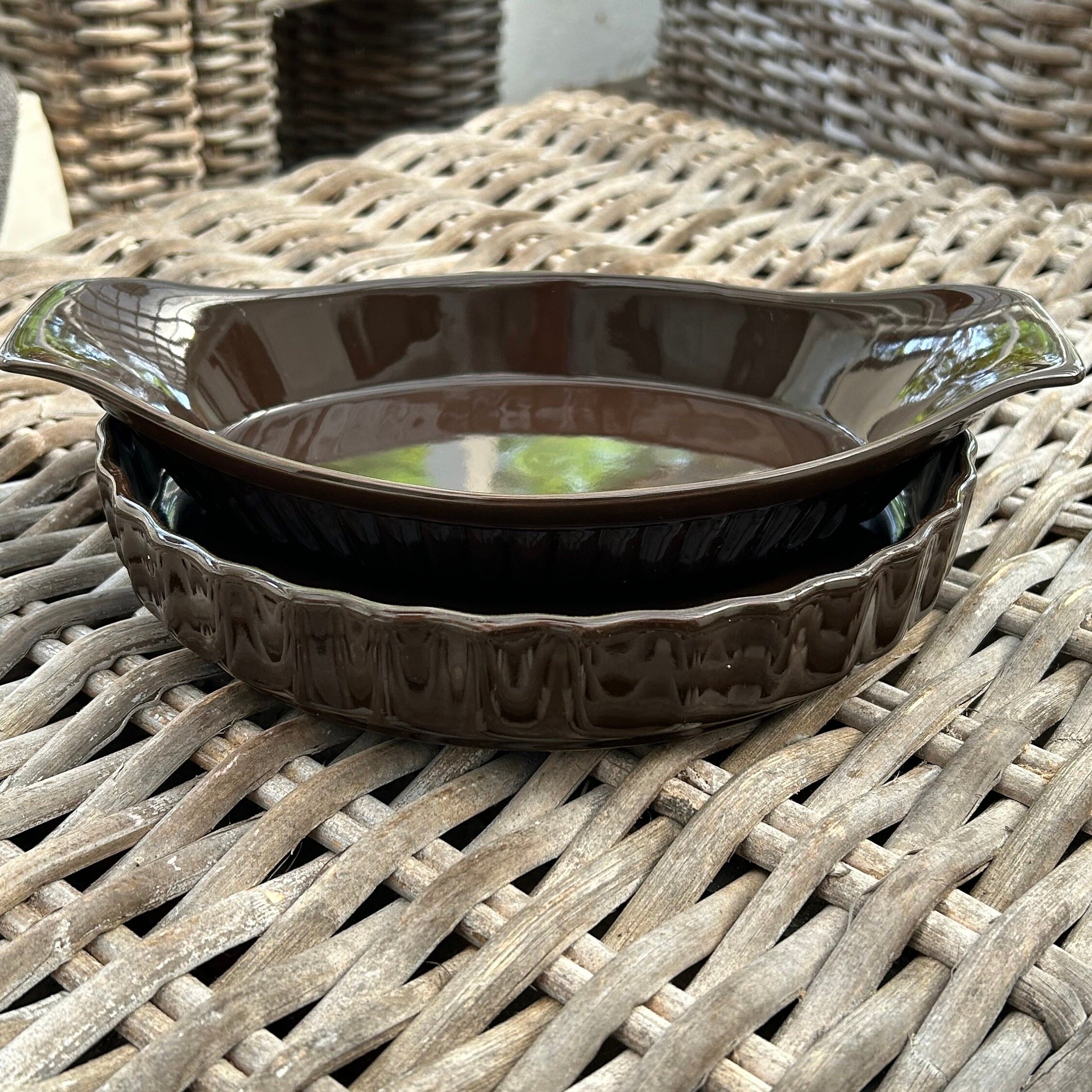 intage 2-piece baking dish set from Japan. Oven proof with chocolate brown glaze. Includes flan and gratin dishes for stylish baking & serving.