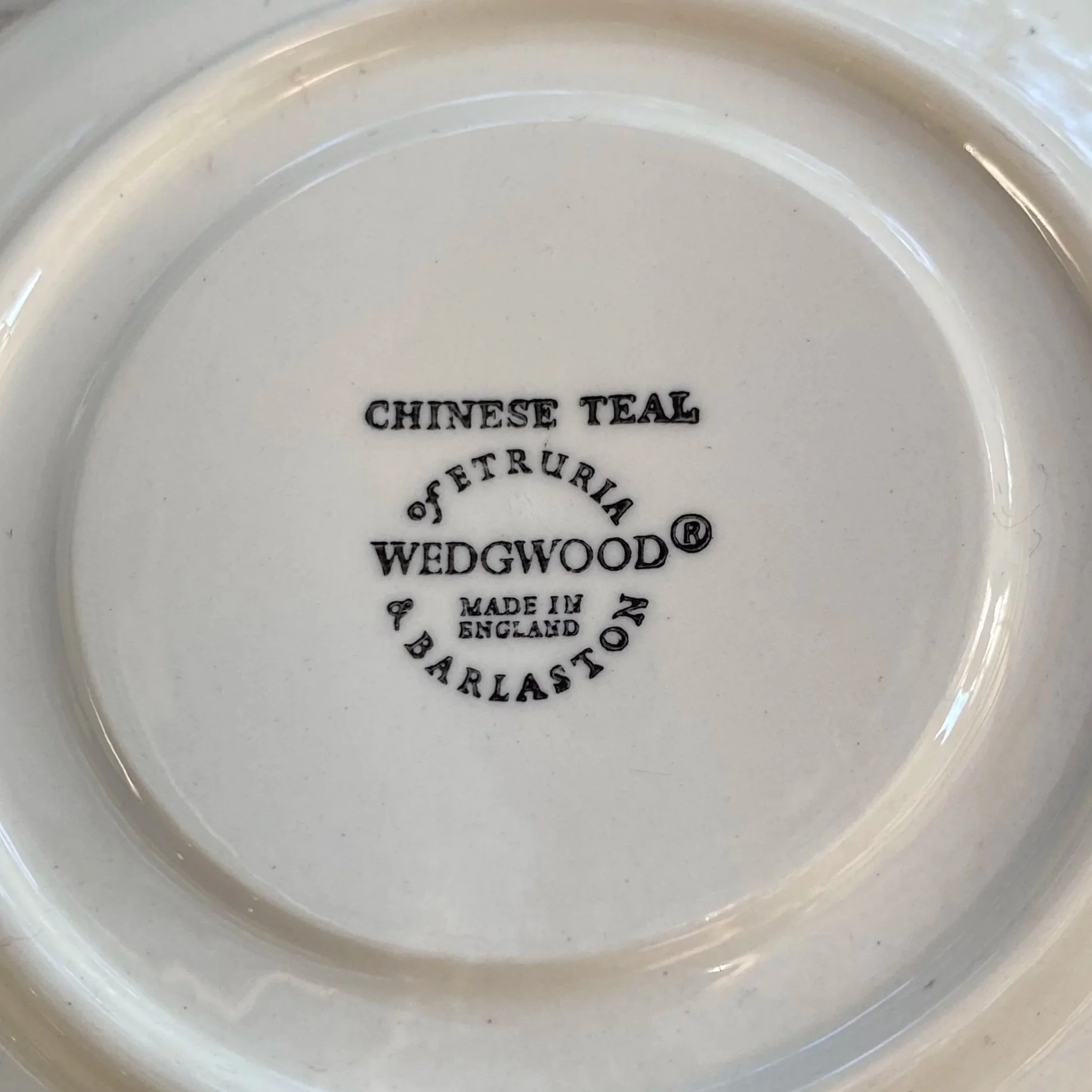 Underside showing Wedgwood backstamp “CHINESE TEAL, ETRURIA, MADE IN ENGLAND”