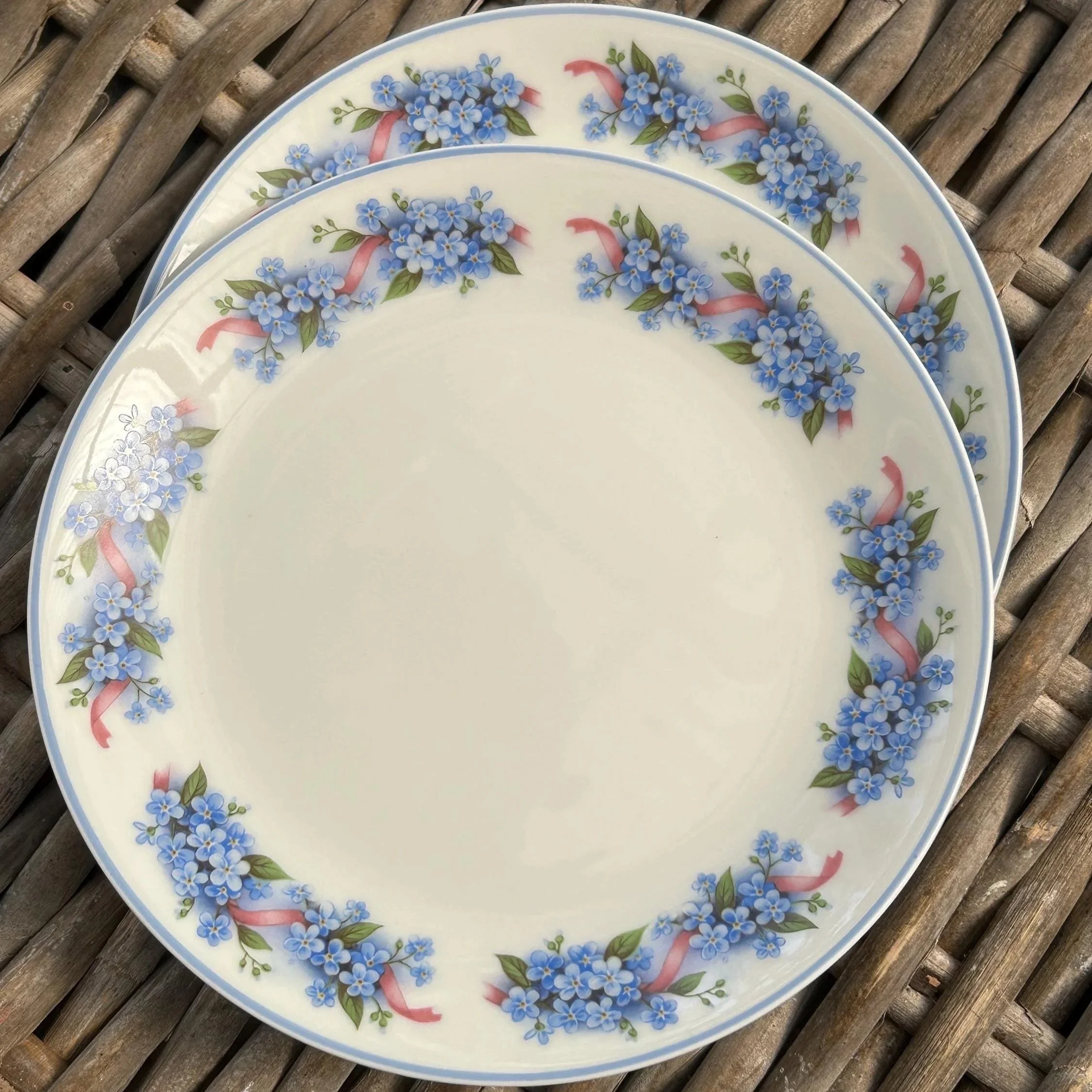 Two TK Bavaria side plates stacked showing floral rims and blue edging