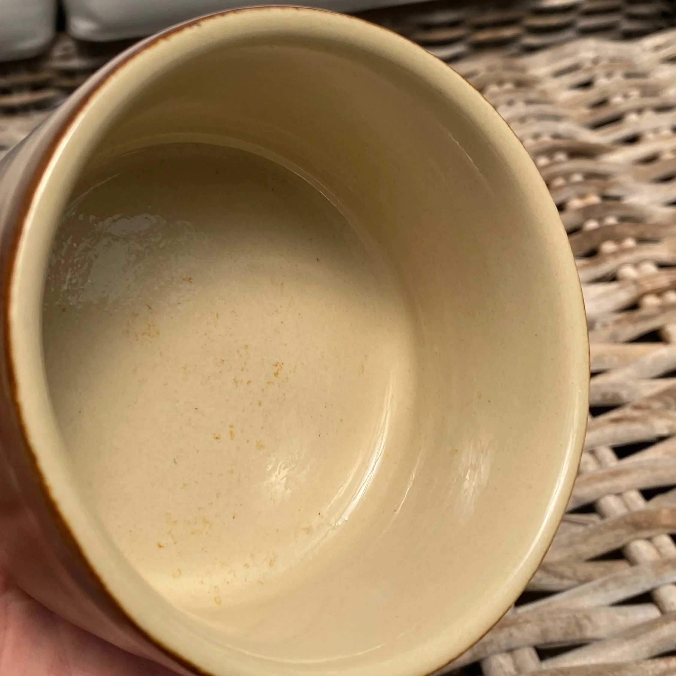 Angled view of interior showing gentle wear, patina, and shape