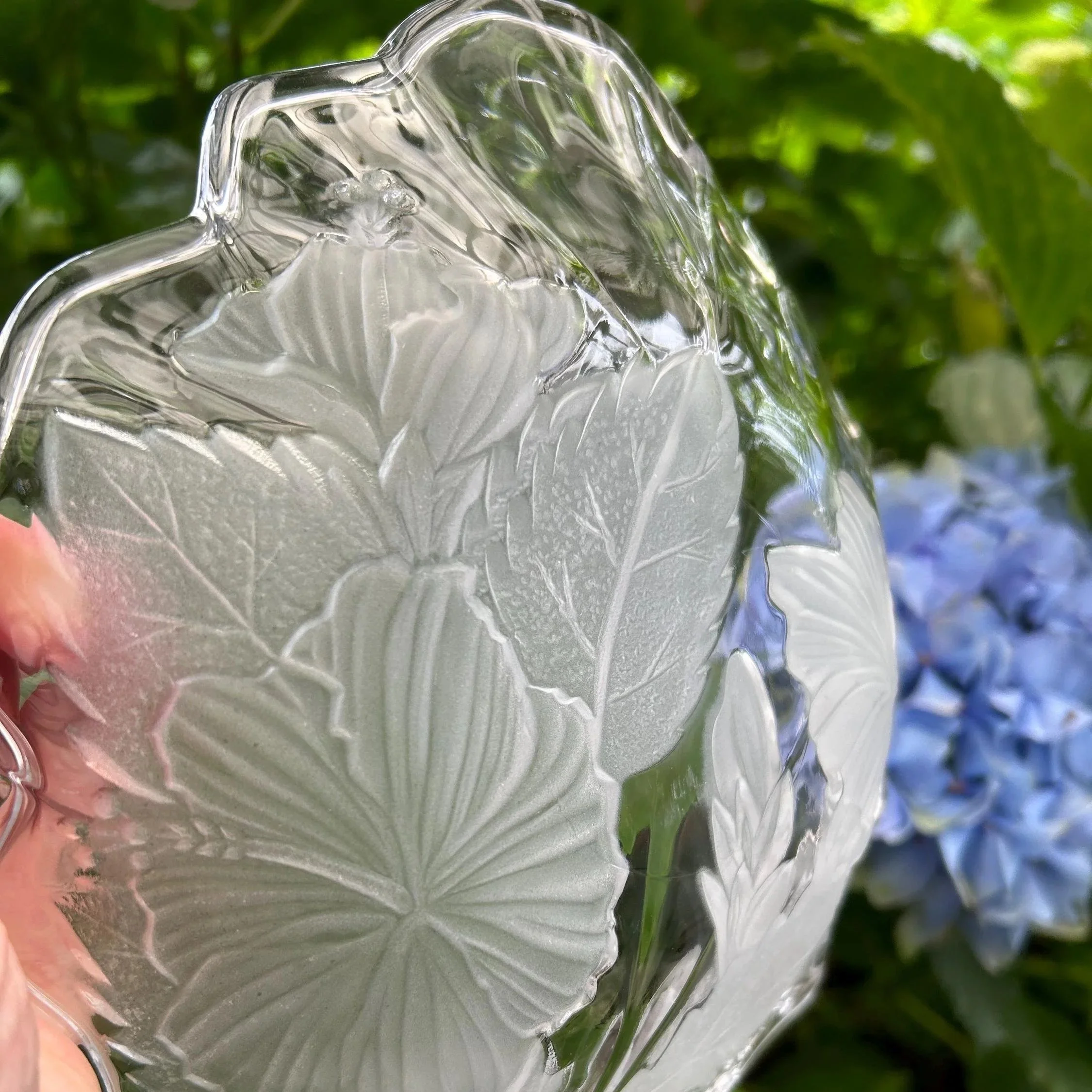 Close-up of frosted hibiscus and leaf etching on clear crystal.