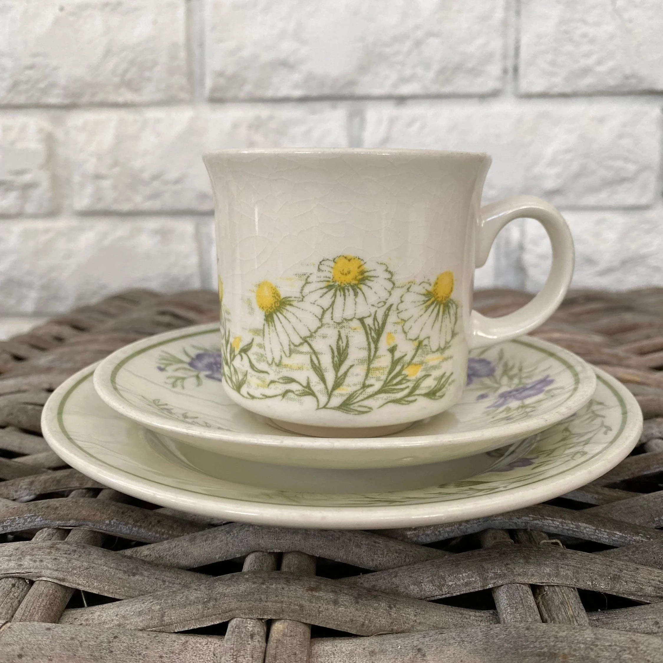 Vintage Churchill tea cup with chamomile flower design on matching saucer and plate