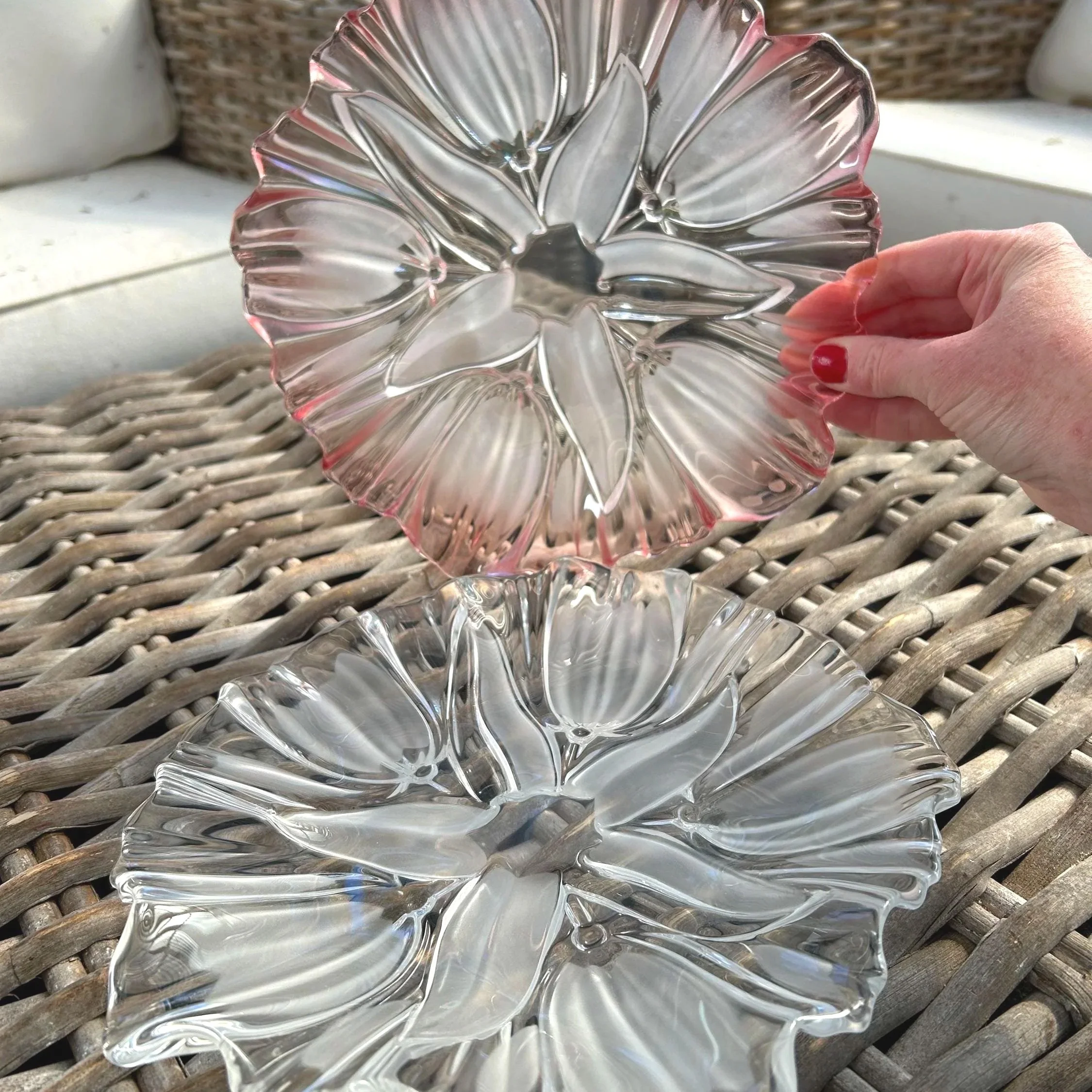 Both Mikasa Tulip Satin plates shown together – one clear, one pink