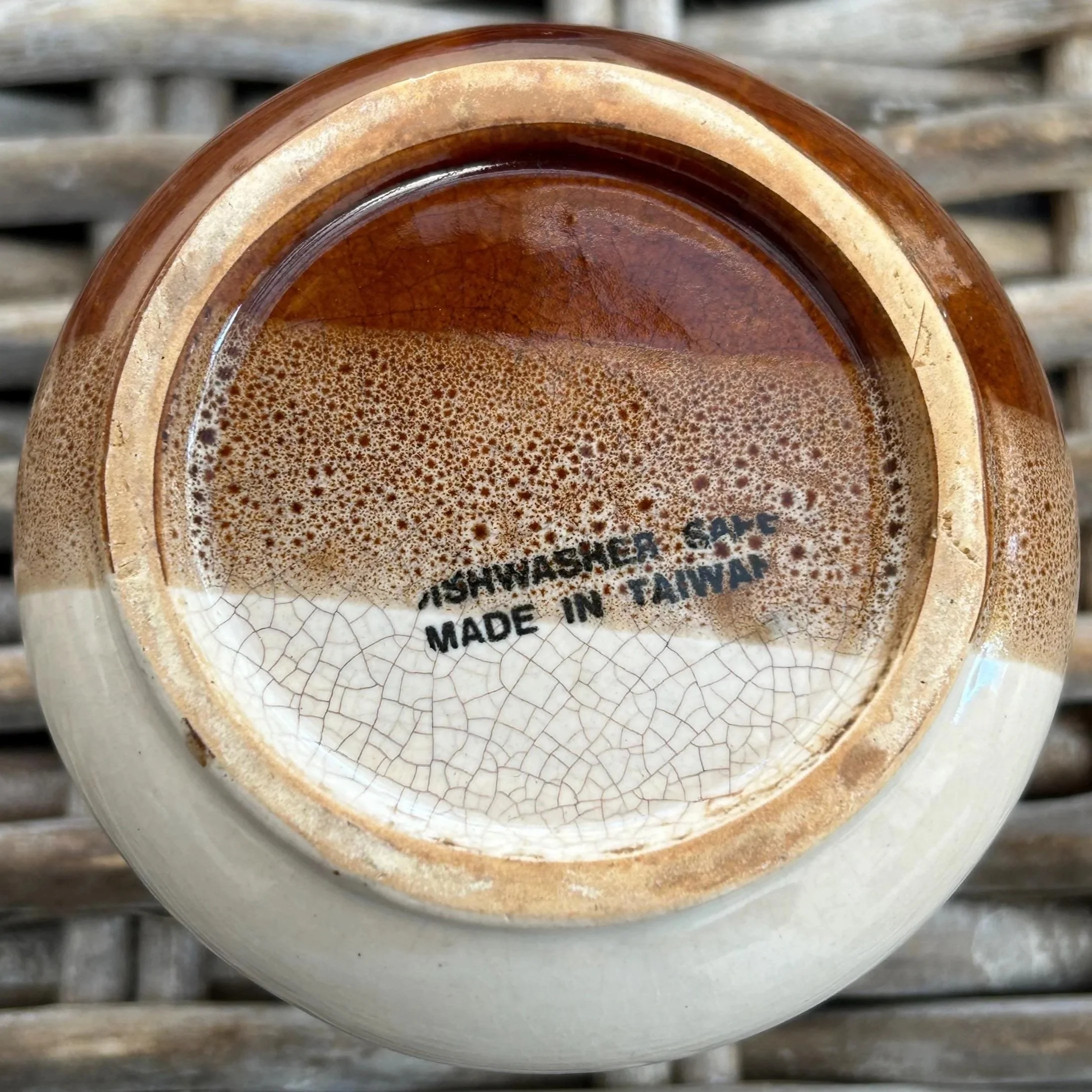 Underside of sugar bowl marked “Made in Taiwan” with visible crazing