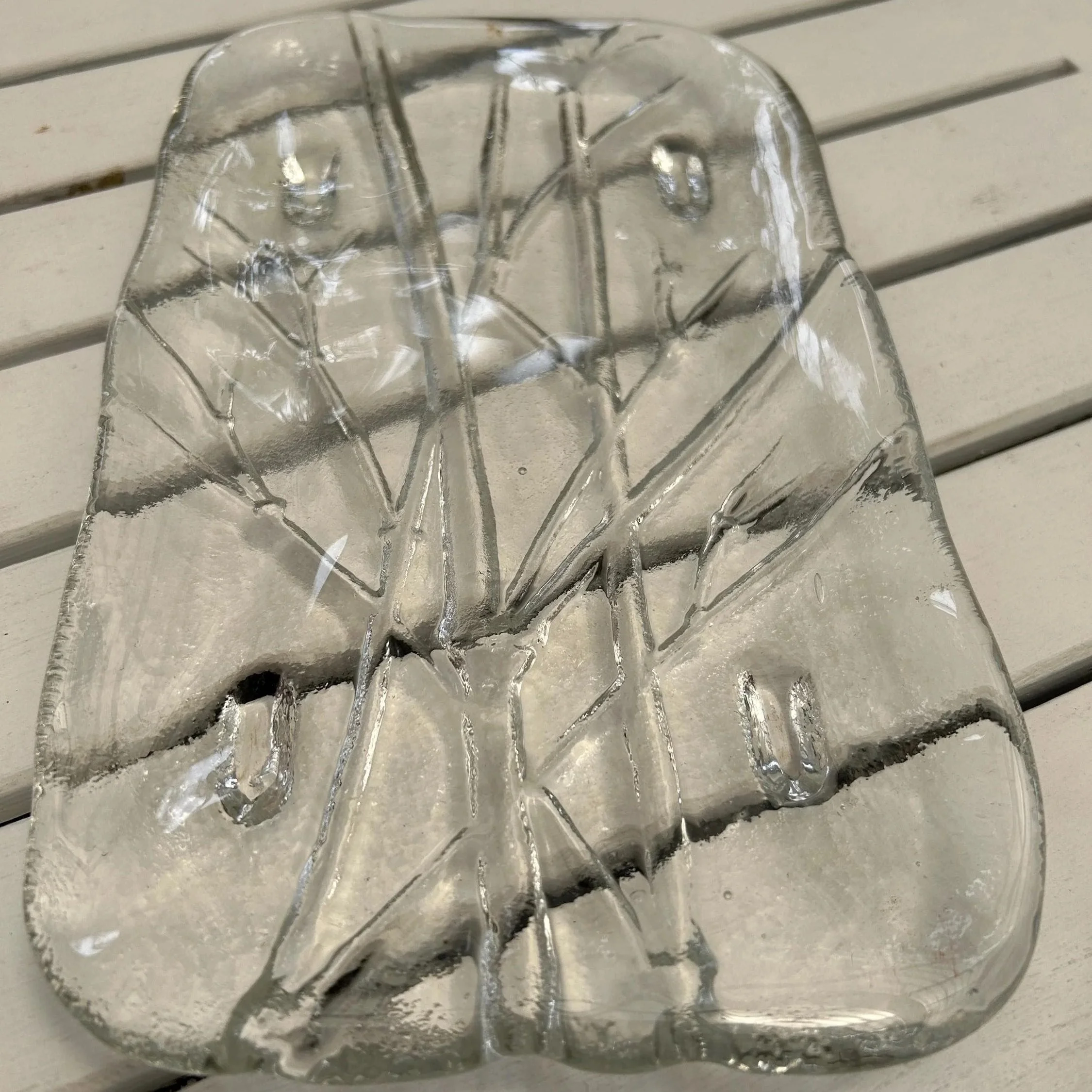 Overhead view of the Kosta Boda clear glass tray showing bamboo etching on a white table