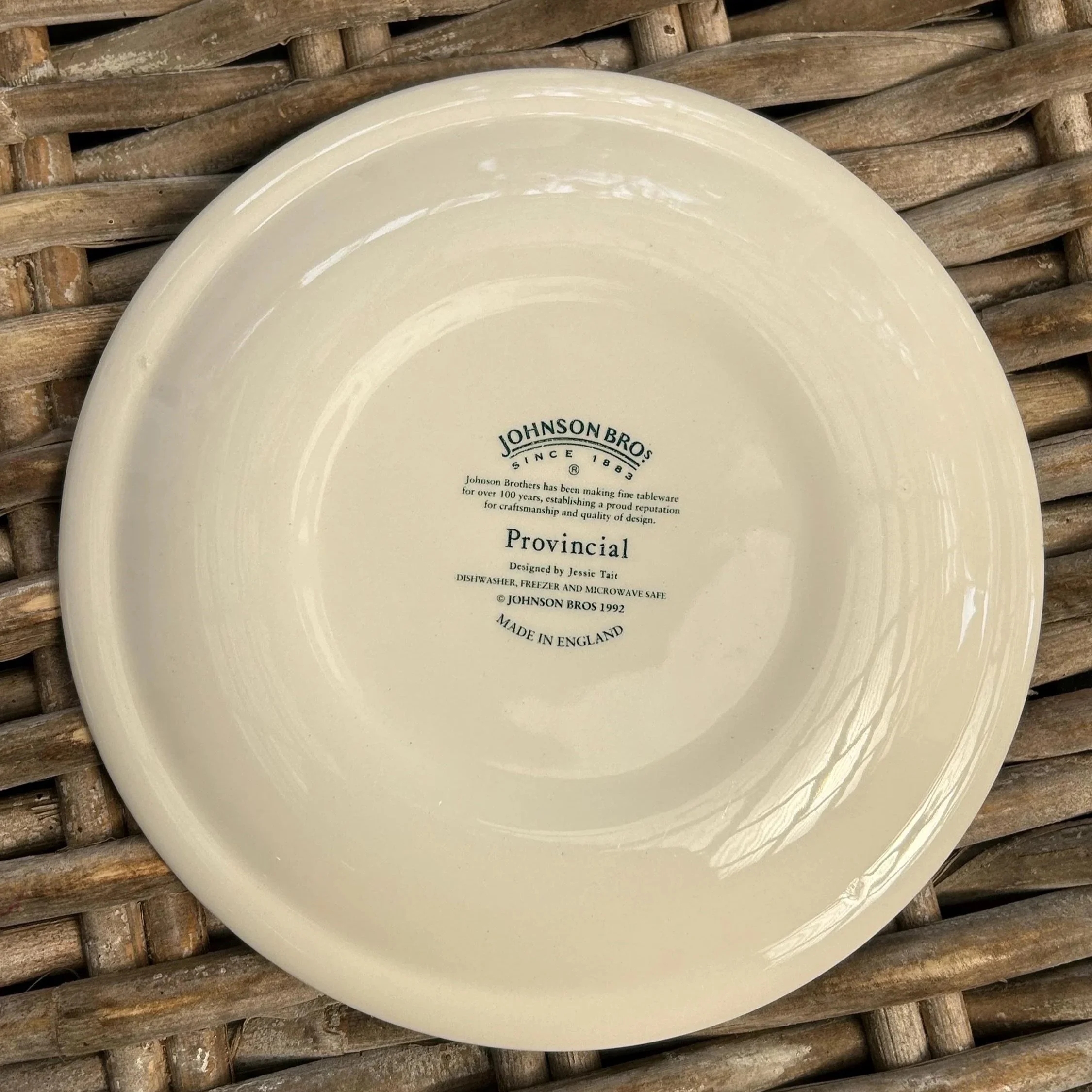 Underside of saucer showing Johnson Brothers backstamp and ‘Provincial’ mark