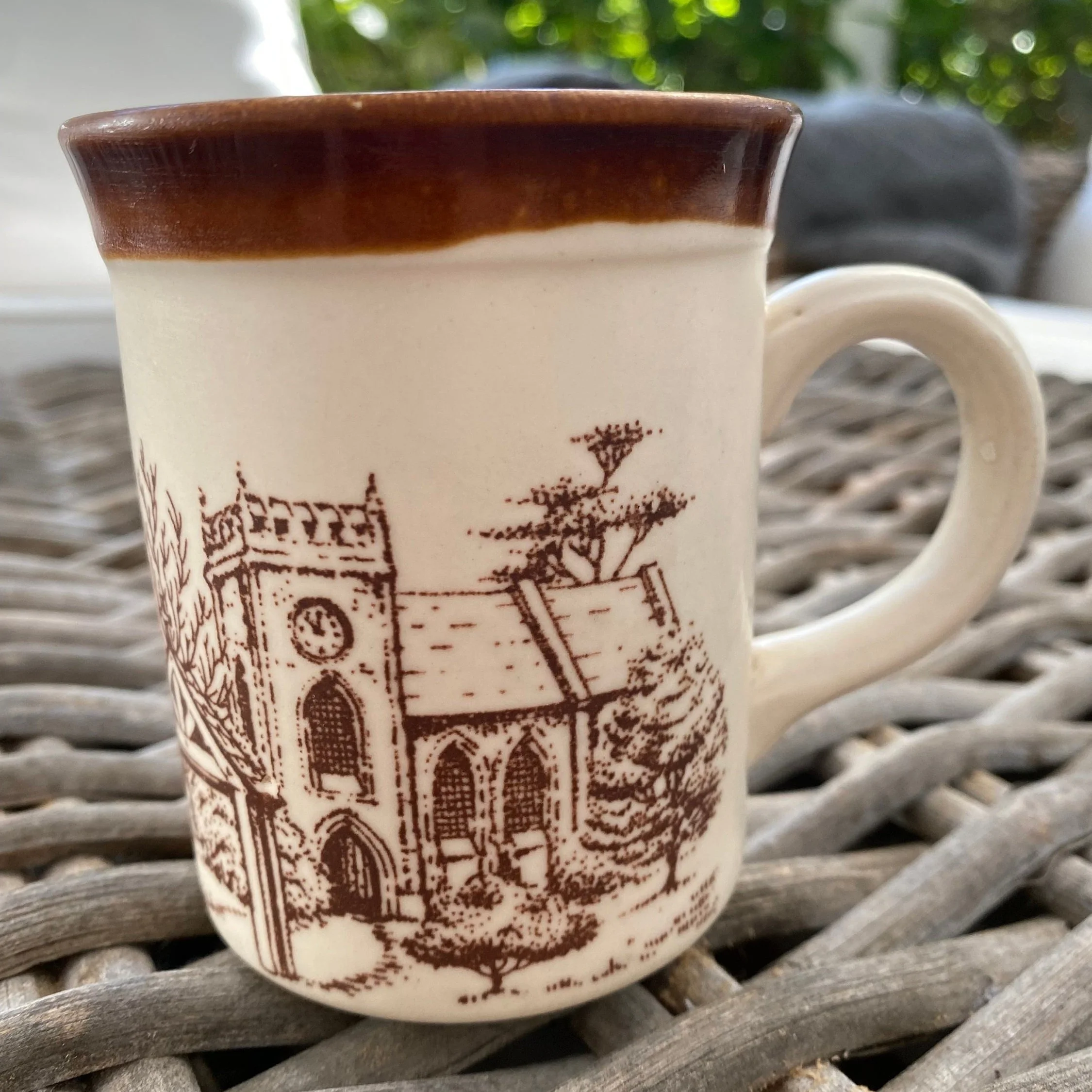 Set of 2 vintage Biltons mugs with rustic brown English church village scene. Made in England. Collectible and ideal for tea or coffee.