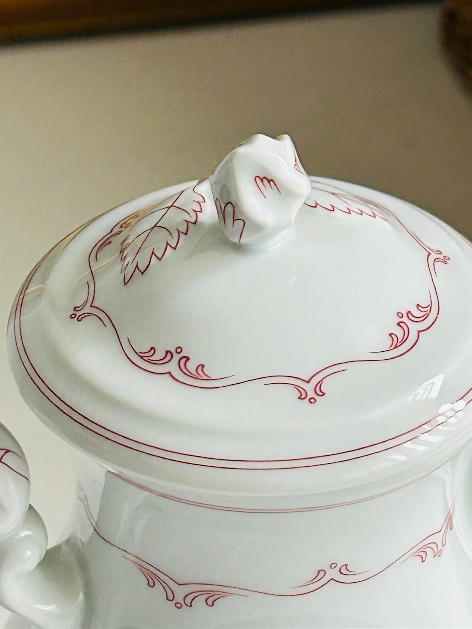 Top angled close-up of the lid with leaf finial, showing the delicate red border and smooth domed form.