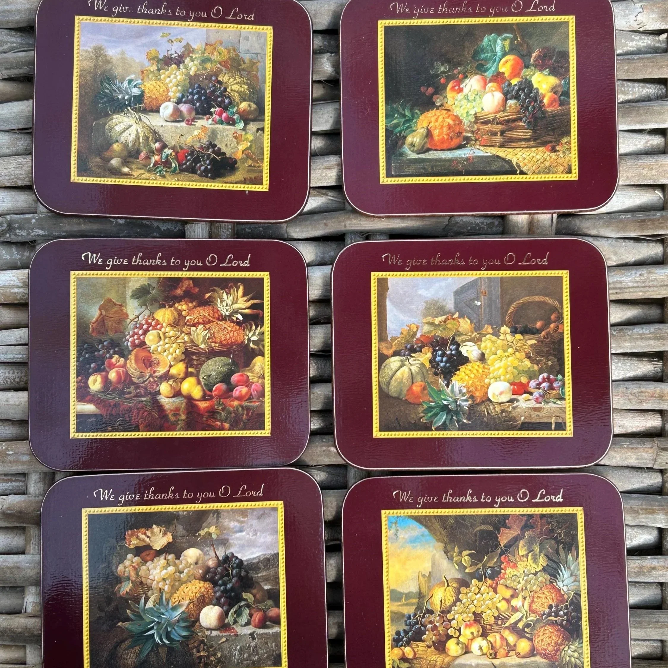 Full set of six coasters arranged to show variety of fruit still-life scenes