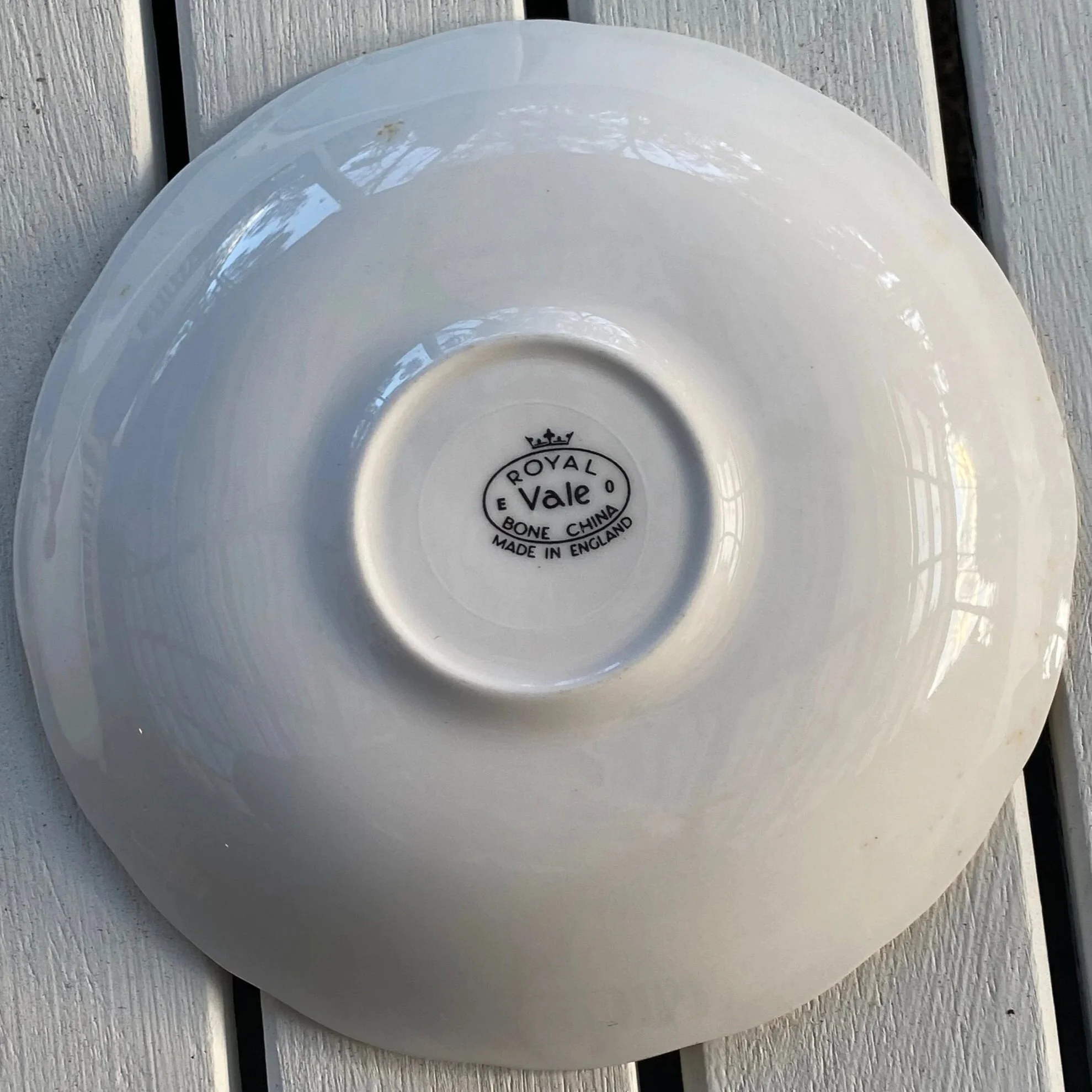 Underside of saucer with Royal Vale backstamp clearly visible