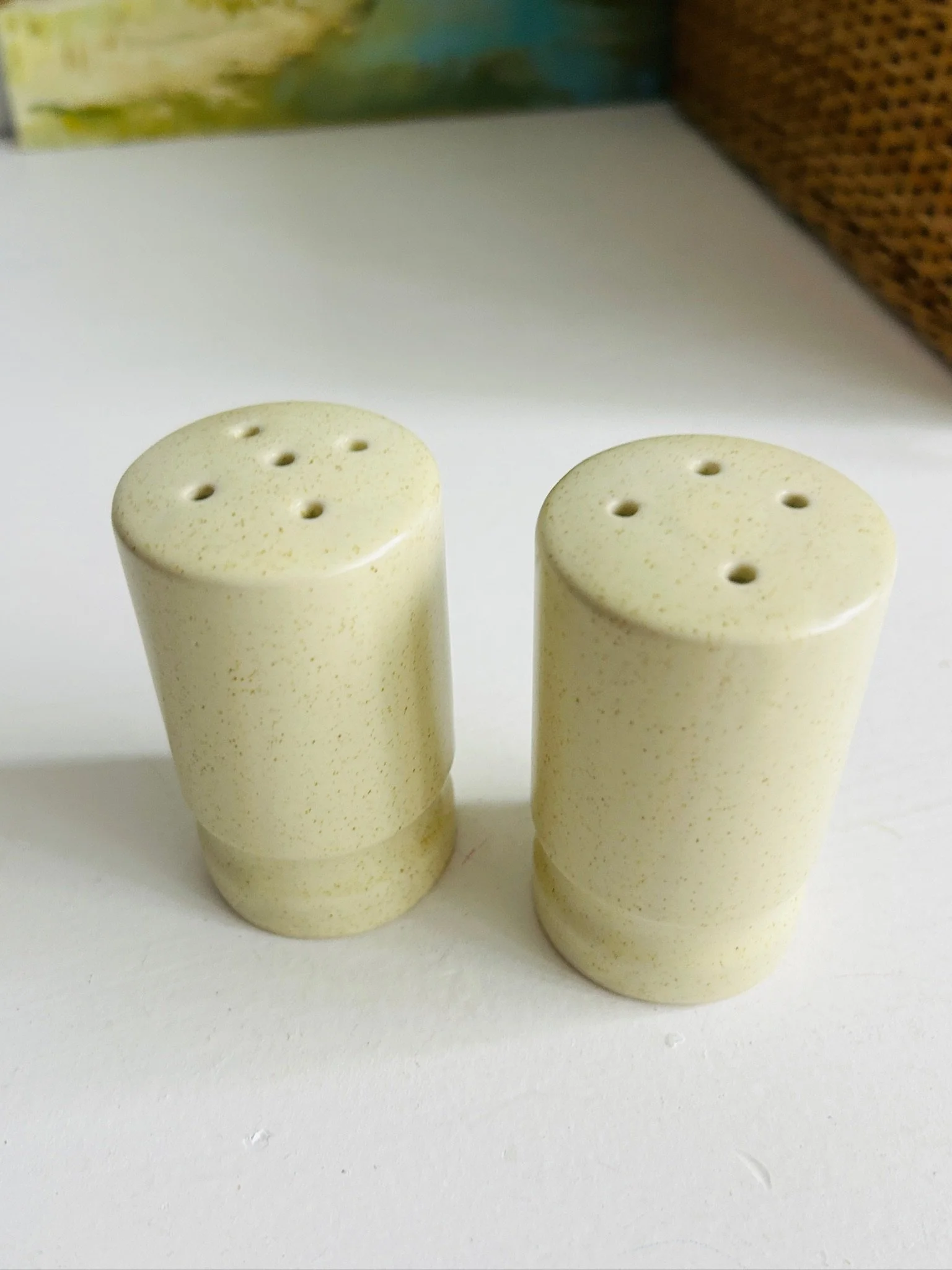 Front view of both Japanese ceramic shakers standing side by side on a white surface