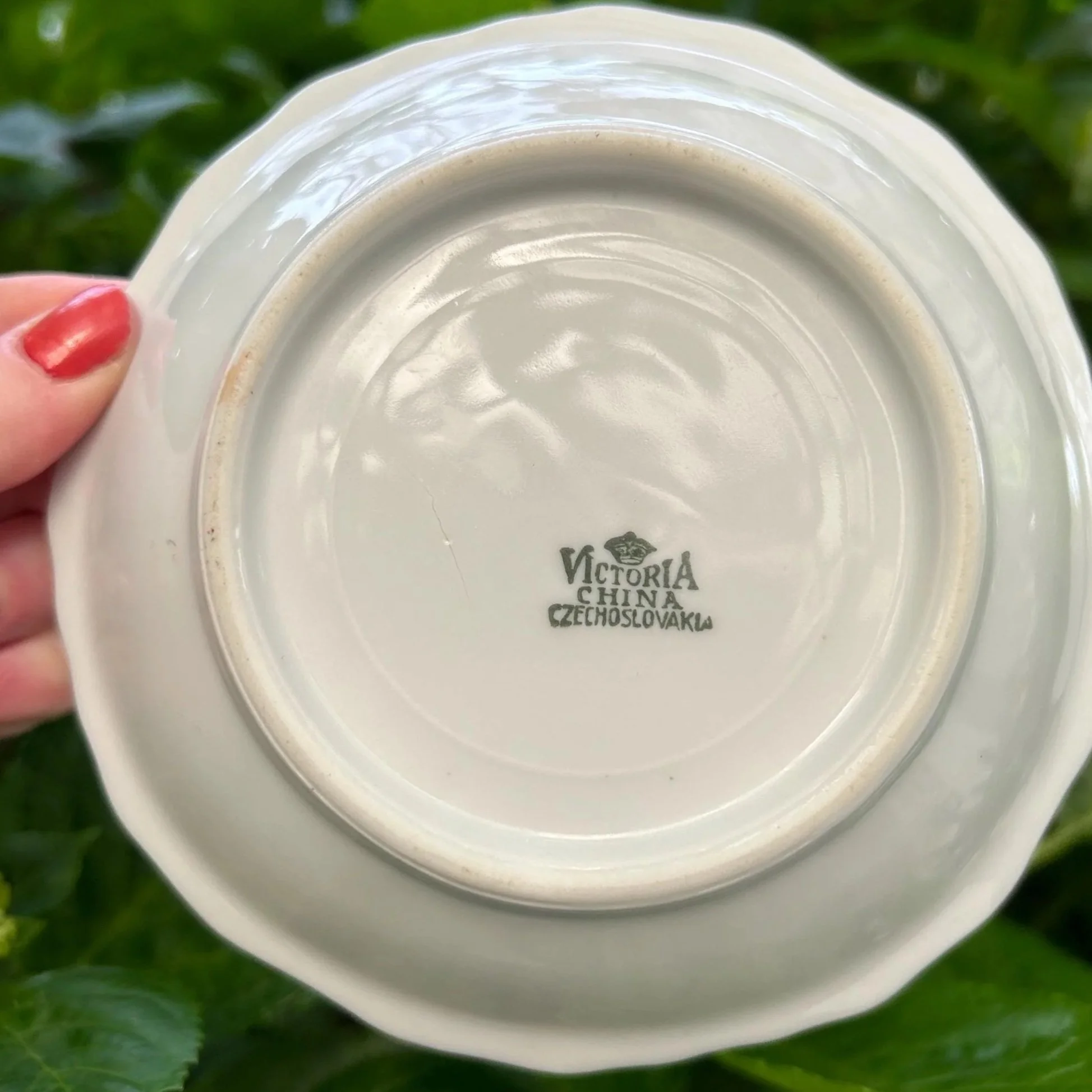 Underside of bowl with Victoria China Czechoslovakia maker's mark