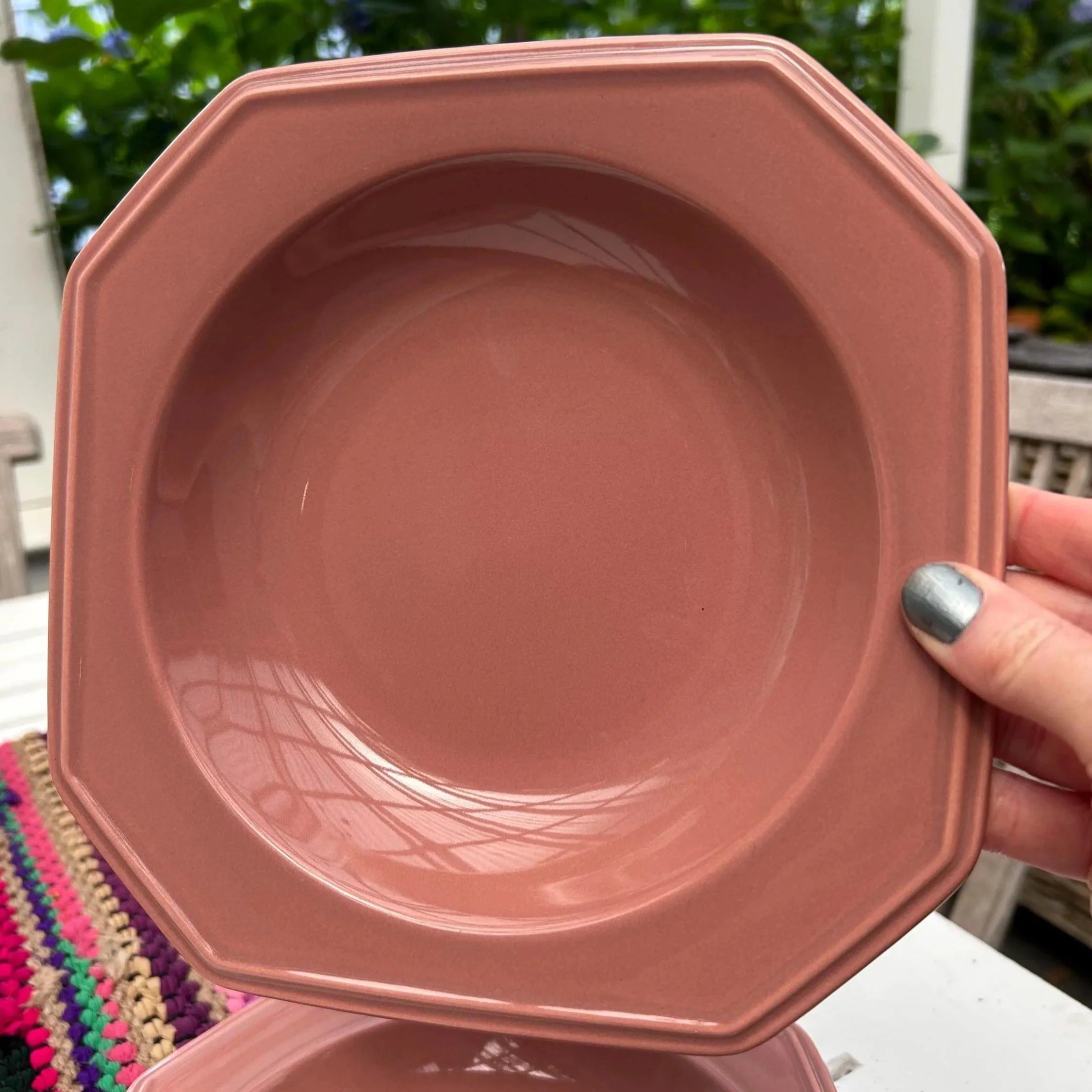 Top-down image of one bowl highlighting glaze and shape