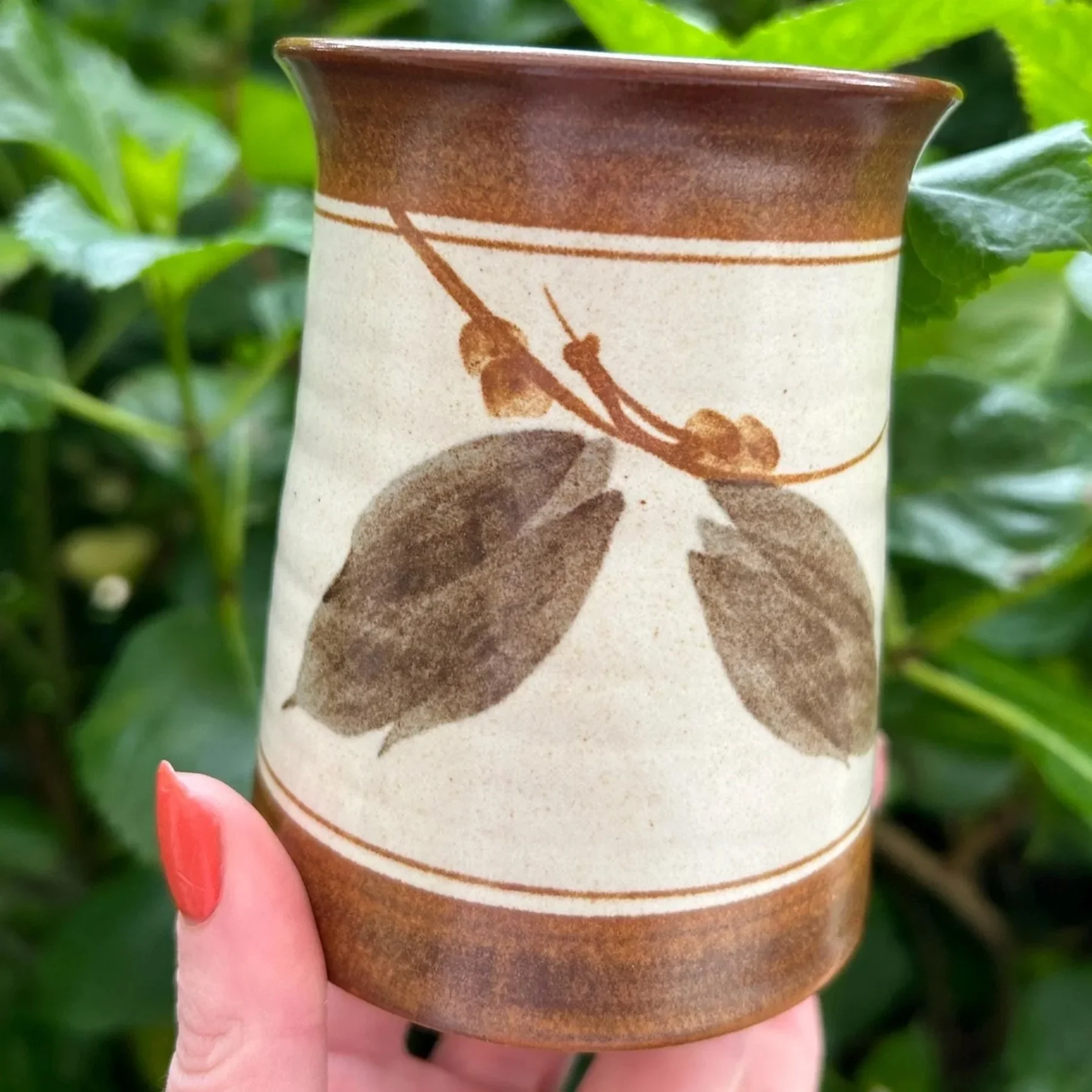 Handmade Pottery Jar | Leaf Motif | Rustic Brown & Beige Studio Glaze
