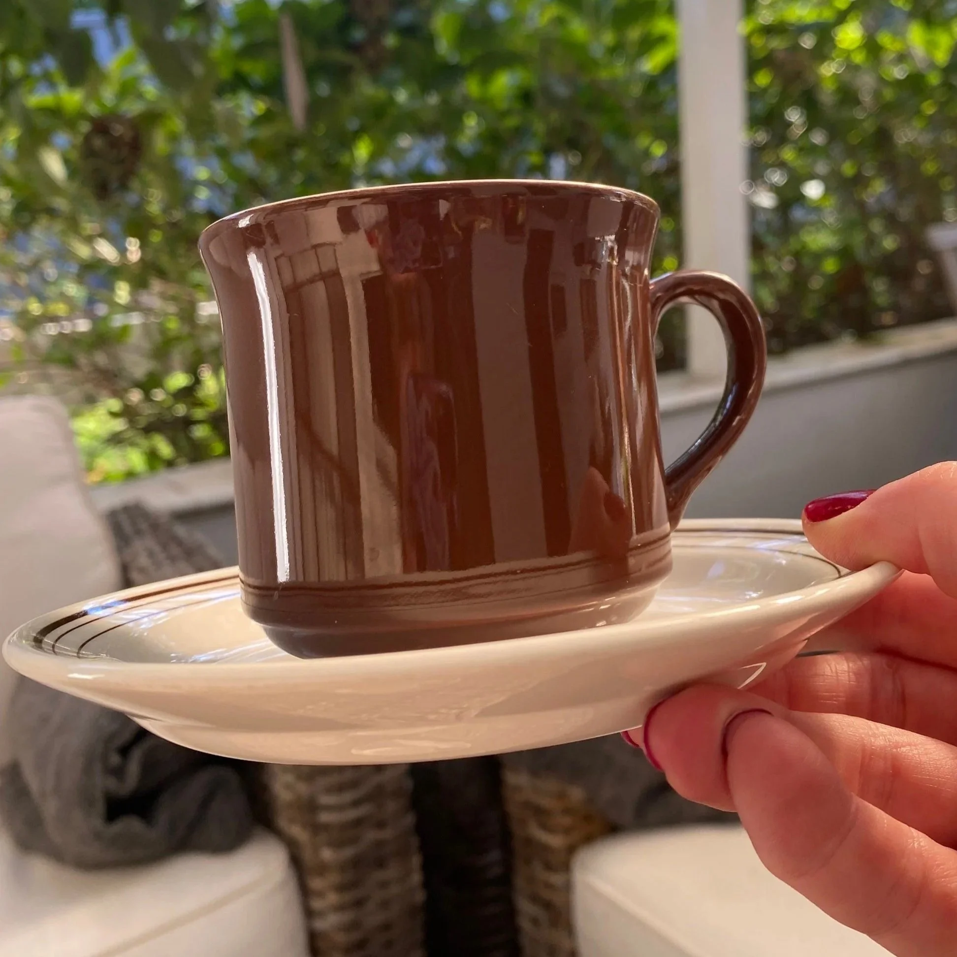 Hand holding one brown cup and saucer in garden light