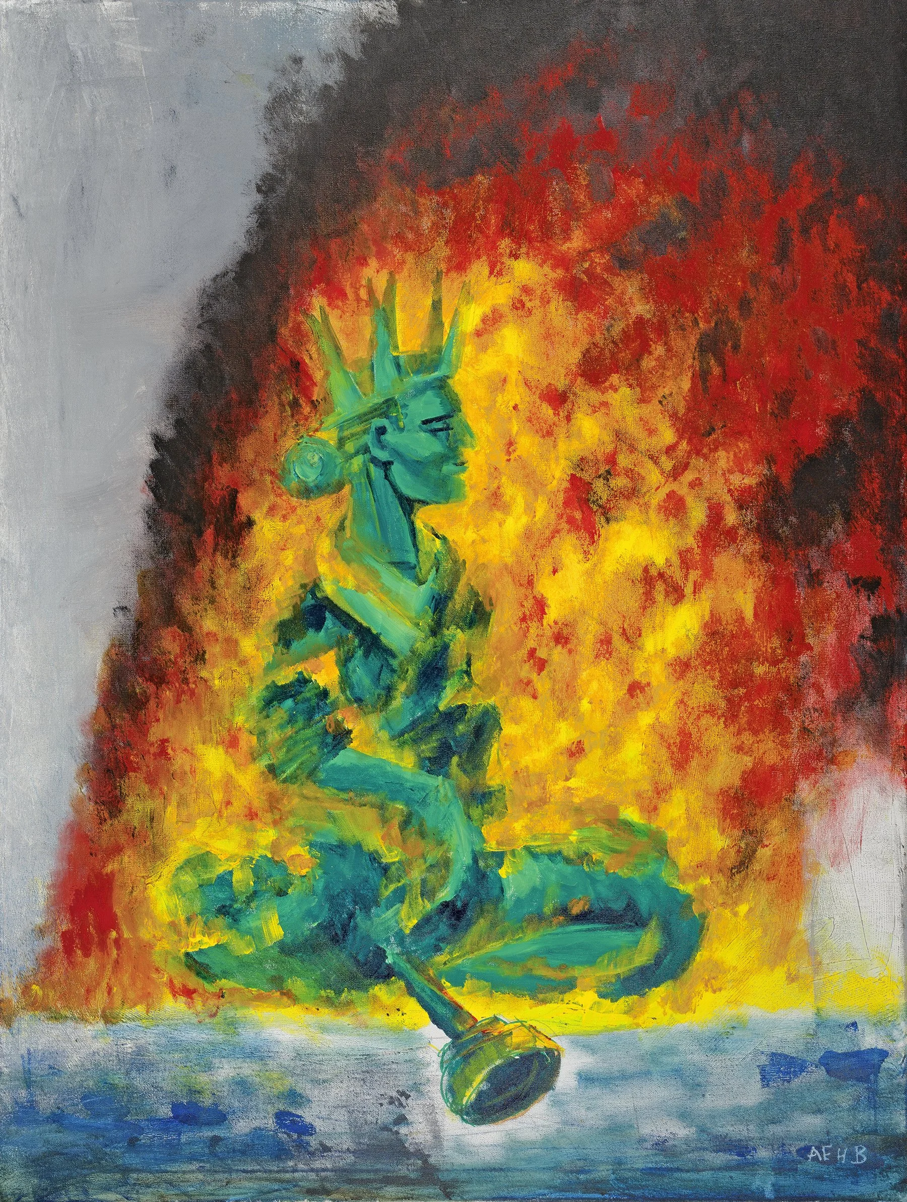 "The Moment." 

After creating the initial furious marker sketch, I created this image. The refined painting further highlights Liberty's peaceful resignation and strength. Her posture is strong and upright as she calls for desperate actions to prese