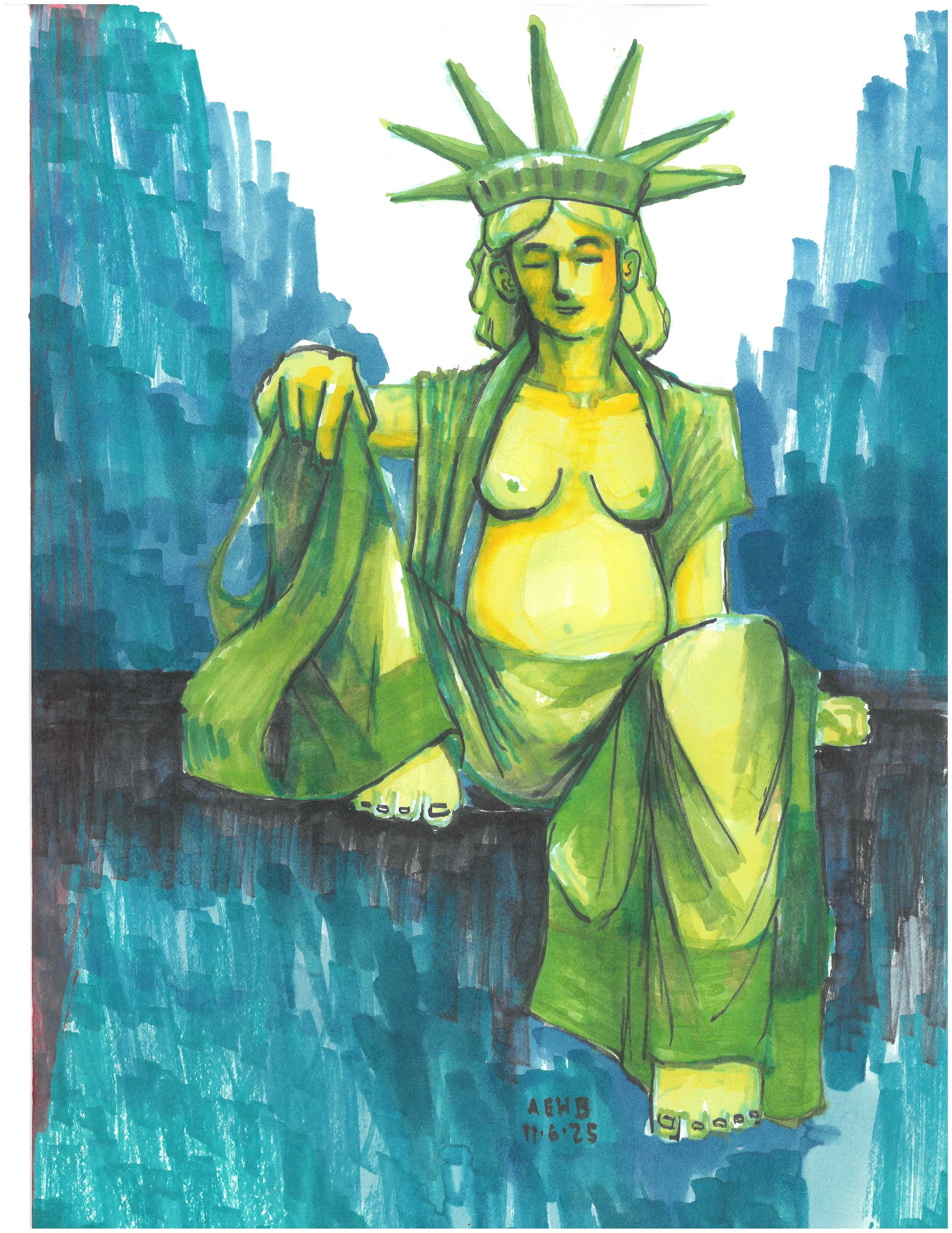 "Build a More Peaceable Kingdom" sketch. November 6, 2025. Thinking about what the Statue of Liberty could look like if she were the Bodhisattva of Mercy and Compassion, Guanyin. What if our government were a merciful one, a compassionate one, that h