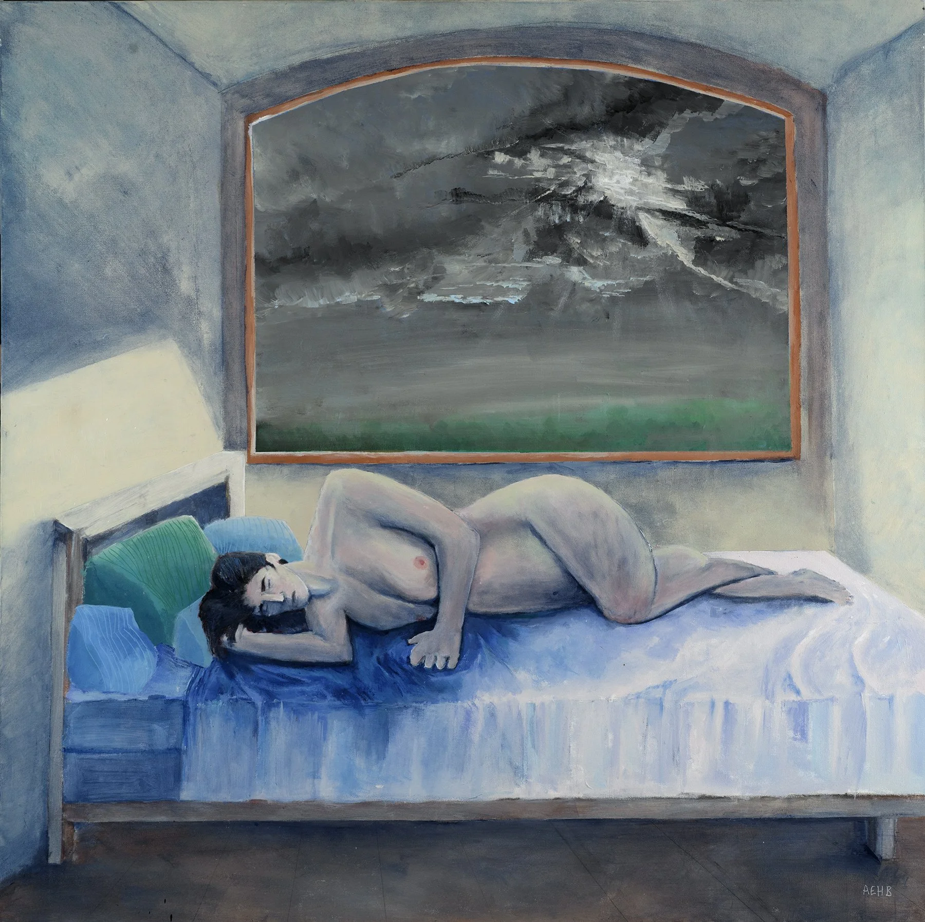 "Nude at Rest"

This image depicts a lone woman turned away from the outside world even as the sun breaks through a storm. Illuminated by the shaft of light emitting from the clouds outside her window, she lies vulnerable and open, but her eyes close