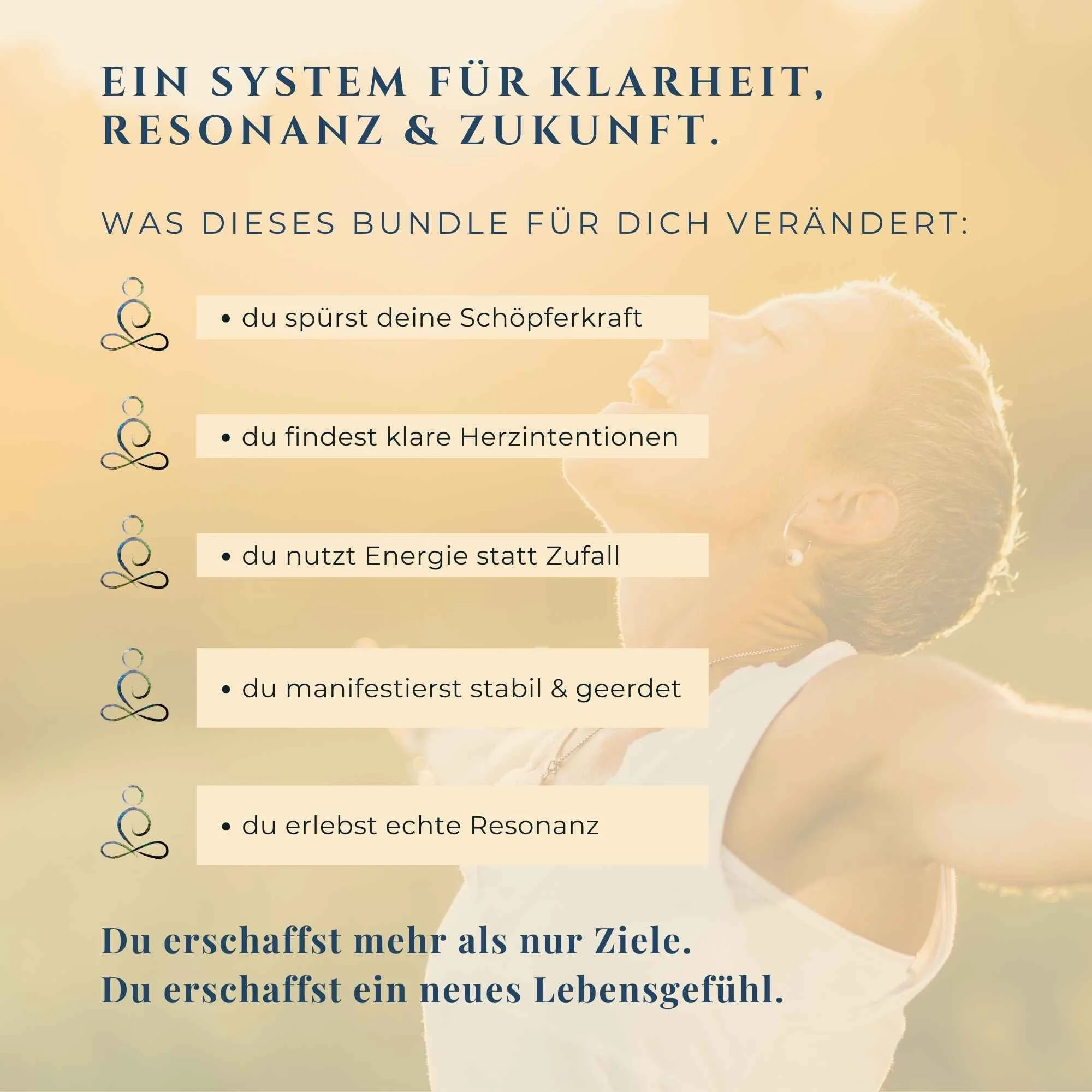 Eine Frau die ihre Zukunft willkommen heißt. Text auf dem Bild: Manifestation - Ein System für Klarheit, Resonanz und Zukunft.