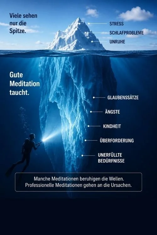 Wirkung der Meditation anhand eines Eisberges erklärt. Gute Meditation taucht in die Tiefe deines Unterbewusstseins.