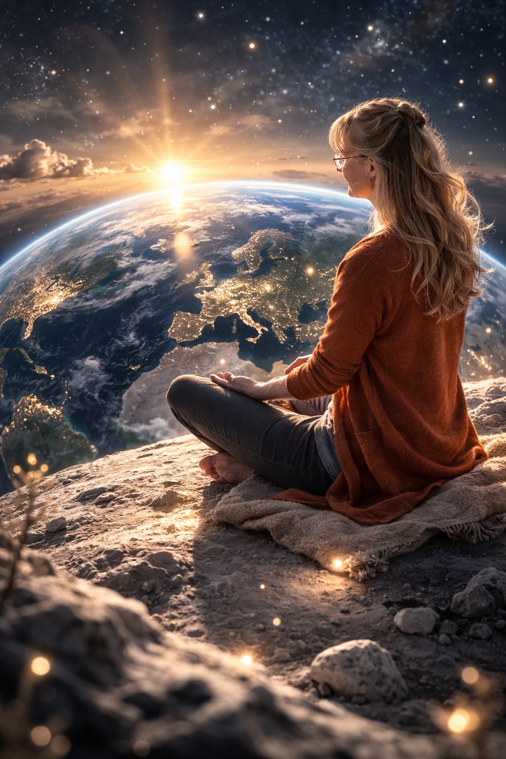 Frau die auf dem Mond sitzt und zur Erde schaut. Symbol für Abstand und Beobachterposition