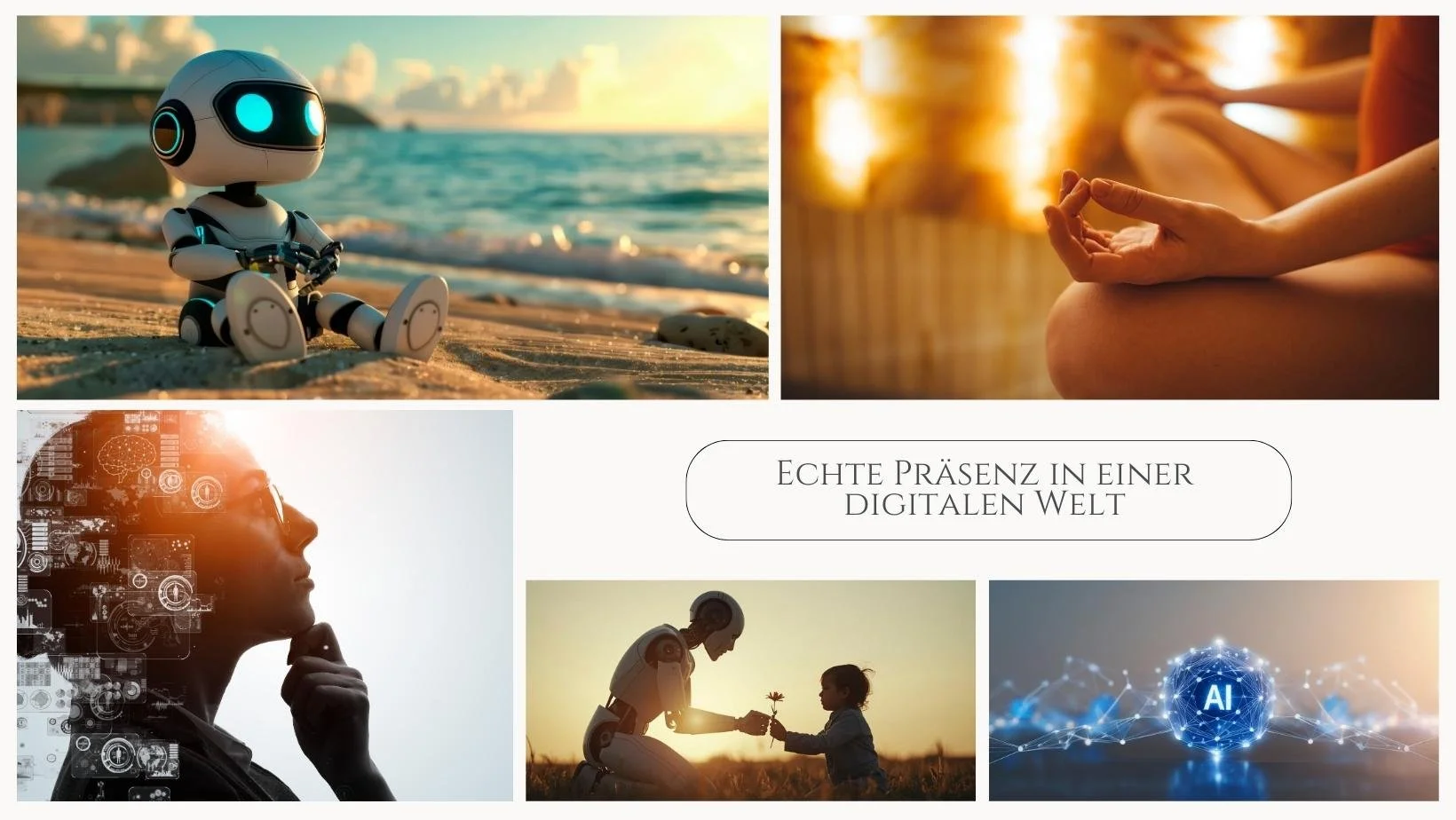 Echte Präsenz in einer digitalen Welt. Bilder von KI und Meditation, als Symbol für den Unterschied zu der echten Stimme.