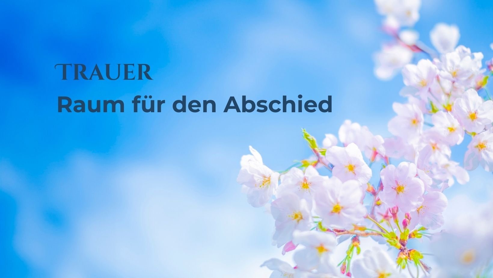 Text auf blauen Himmel und rosa Blüten: Trauer - Raum für Abschied
