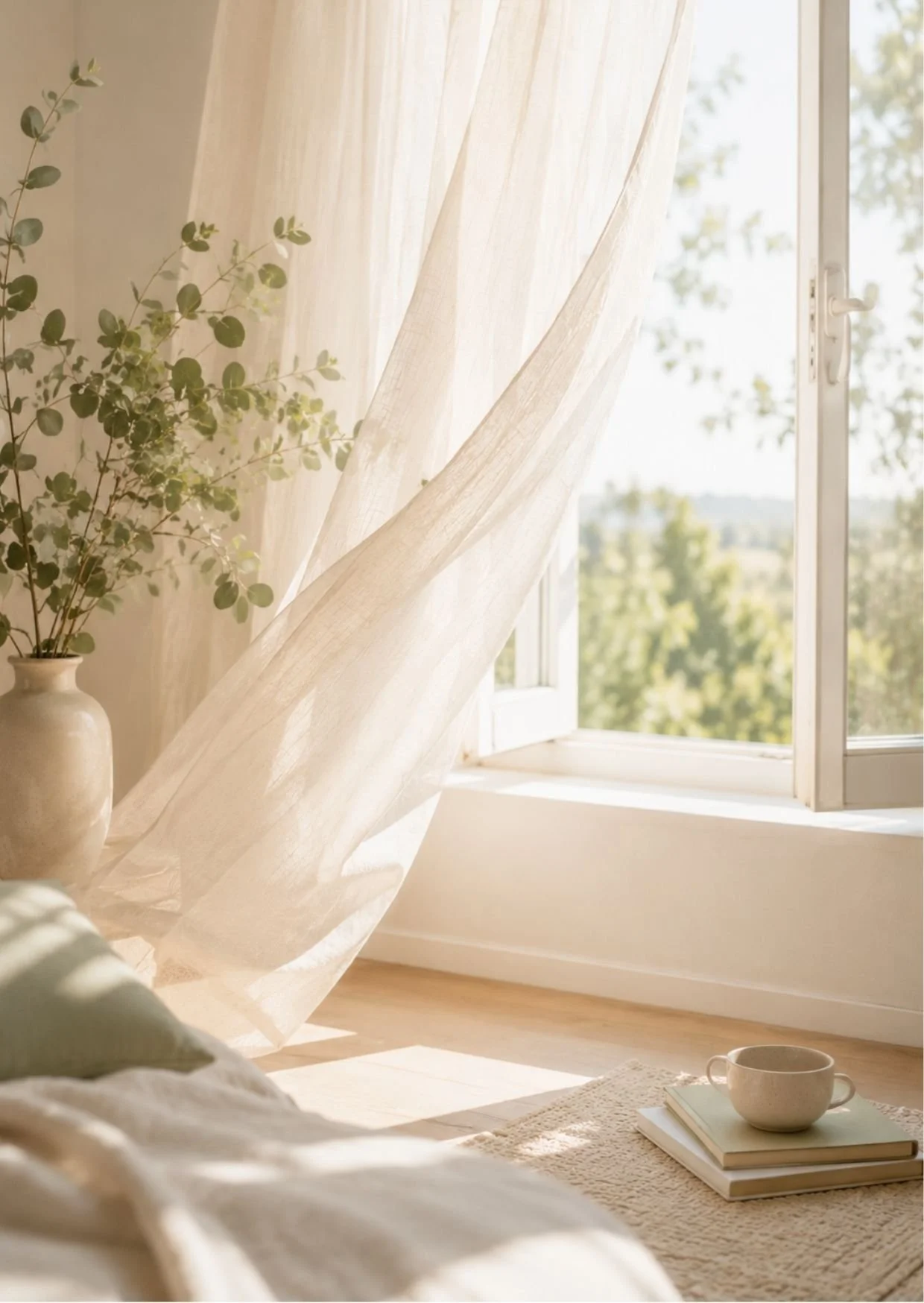 Ein sonnendurchflunteter Raum mit einem offenen Fenster, einer weißen Gardine, einer Vase mit grünen Zweigen, einem Stapel Bücher mit einer Tasse darauf, und einer Tagesdecke im Vordergrund.