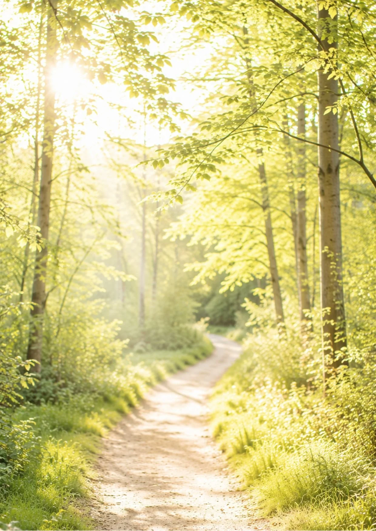 Ein Weg durch einen lichtdurchfluteten Wald. Symbol für: finde deinen eigenen Weg. Vertraue deinen Körper und finde Sicherheit um entspannt in den Schlaf zu finden.