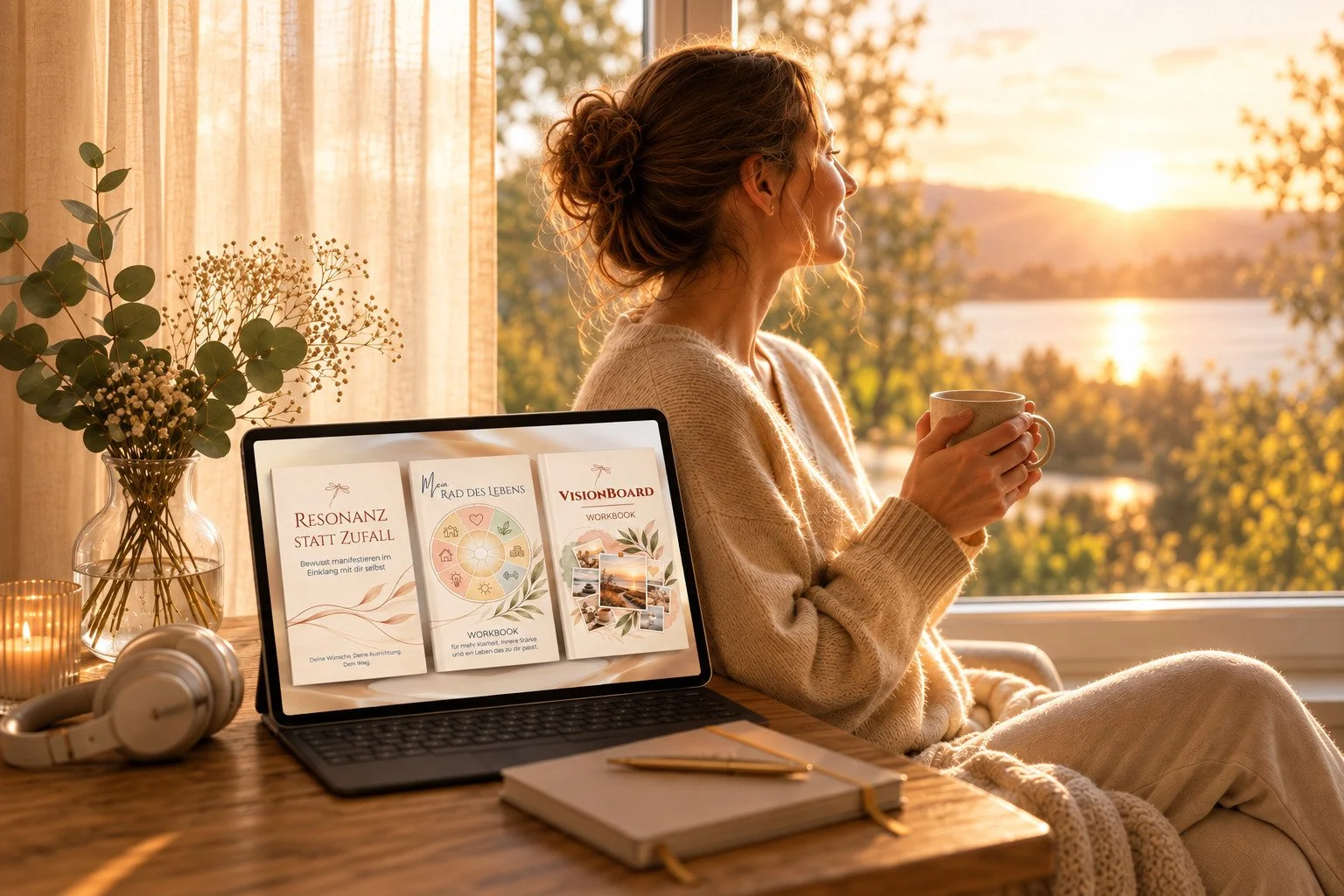 Frau am Fenster die entspannt in den Sonnenuntergang schaut. Neben sich die EBooks Visionboard, Lebensrad und Manifestation