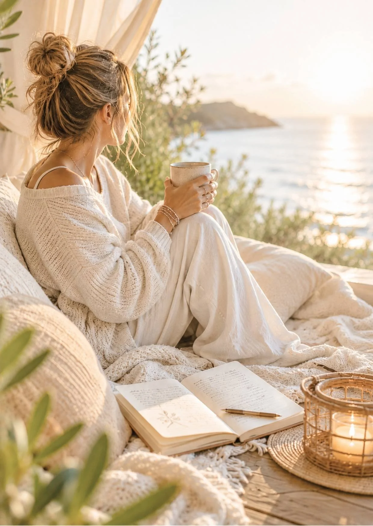 Eine Frau sitzt an einem gemütlichen Ort am Meer, trinkt aus einer Tasse, liest ein Buch und genießt die Sonnenuntergangsatmosphäre.