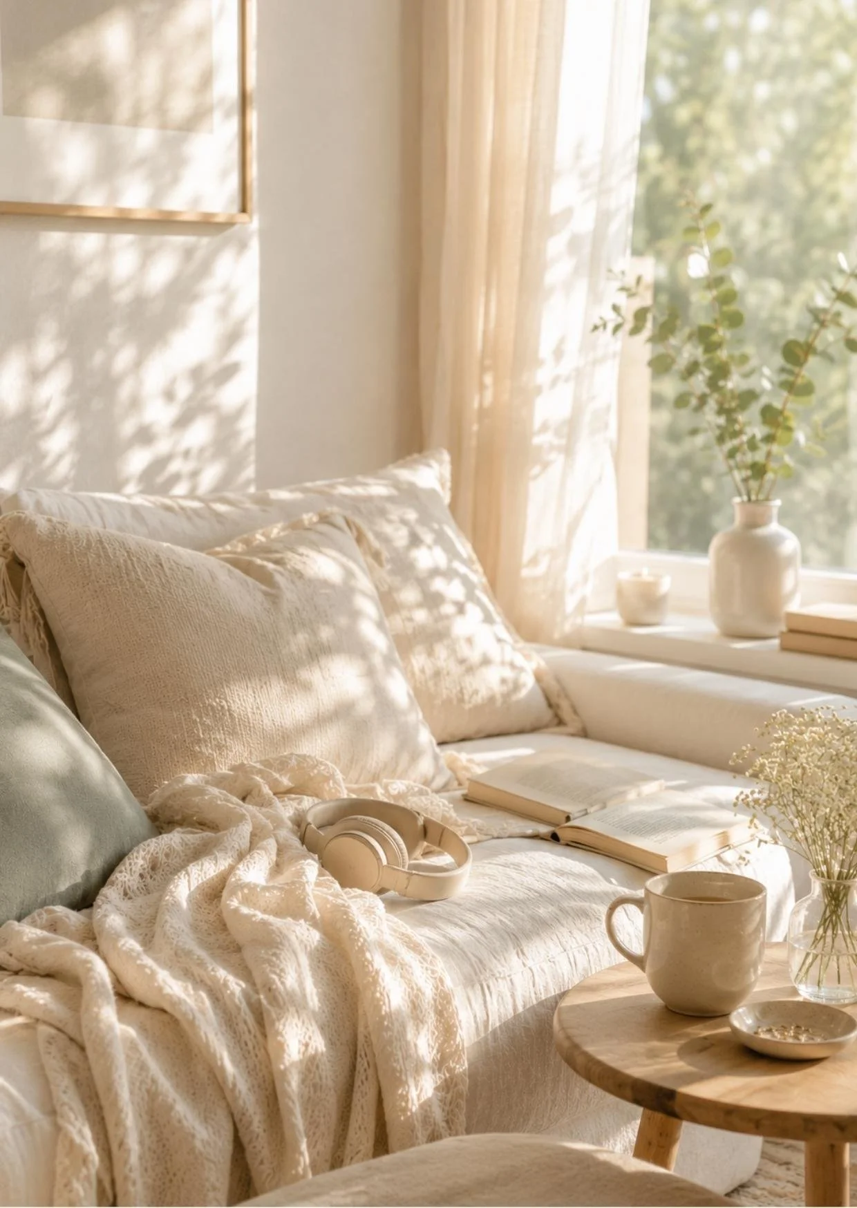 Ein gemütliches Schlafzimmer mit einem weißen Bett, mit Kissen und einer Decke. Auf dem Bett liegen Kopfhörer und ein offenes Buch. Der Raum ist hell erleuchtet durch Sonnenlicht, das durch die Fenster mit transparenten Vorhängen scheint. Auf der Fensterbank stehen Vasen mit Pflanzen und kleinen Kerzen. Ein runder Beistelltisch mit einer Tasse, einer Kerze und einer Vase mit Blumen.