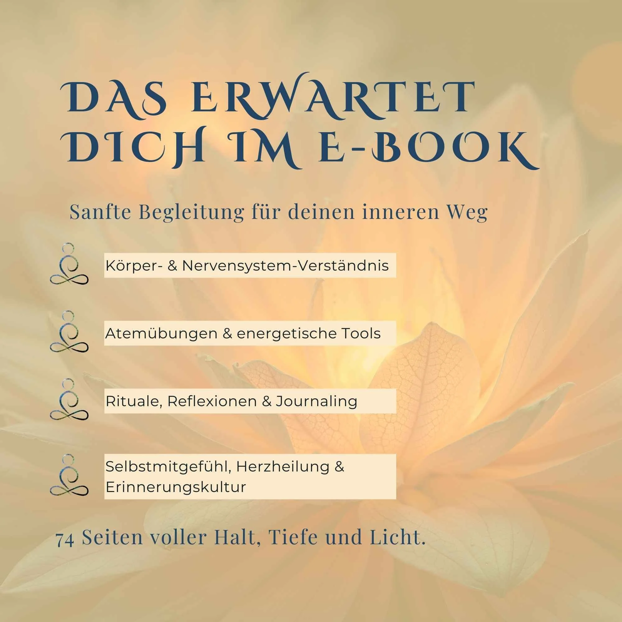 Text auf einem Lotus: Sanfte Begleitung für deinen inneren Weg. 74 Seiten voller Halt, Tiefe und Licht.