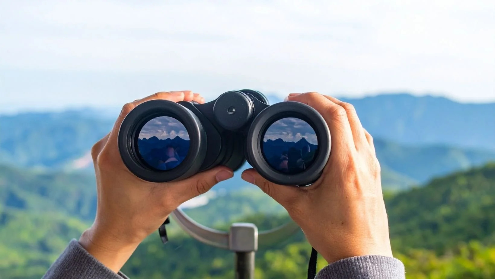 Hände die ein Fernrohr halten. Im Hintergrund weite Waldlandschaft.