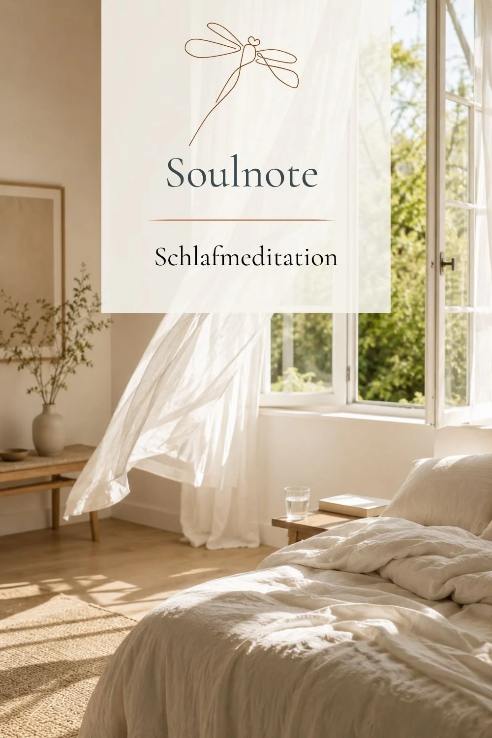 Morgenlicht im Schlafzimmer. Bett, offenes Fenster, wehender Vorhang. Symbol für eine erholsame Nacht.