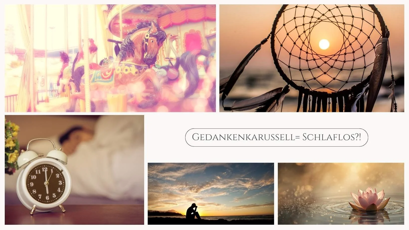 Gedankenkarussel = Schlaflos? Bildercollage die dies symbolisiert mit Karussell, Wecker, Traumfänger